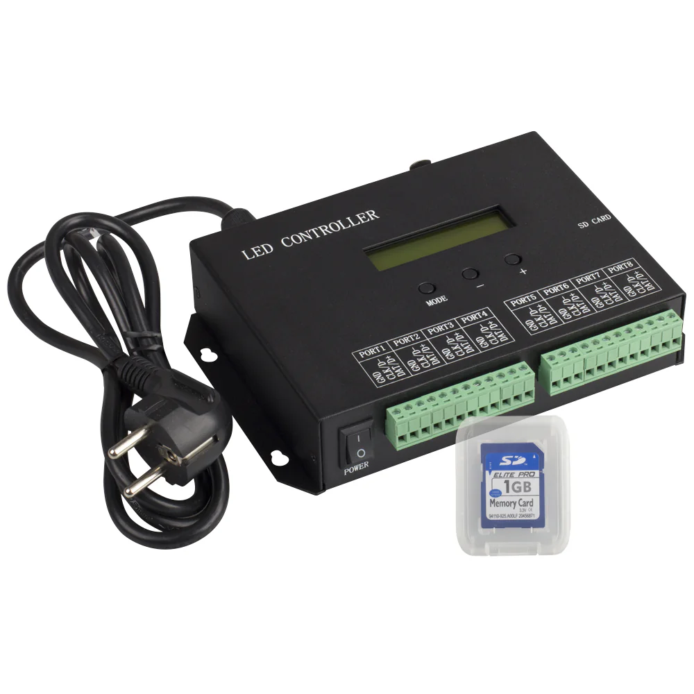Контроллер HX-803SA DMX (8192 pix, 220V, SD-карта) 019859 - Контроллер для лент RGB «Бегущий огонь» и управляемых модулей, протокол SPI и DMX512. Напряжение 5–24 В, 8 выходных портов, до 8192 пикселей, запись программ на SD-карту (ПО LED Build). Размер 18