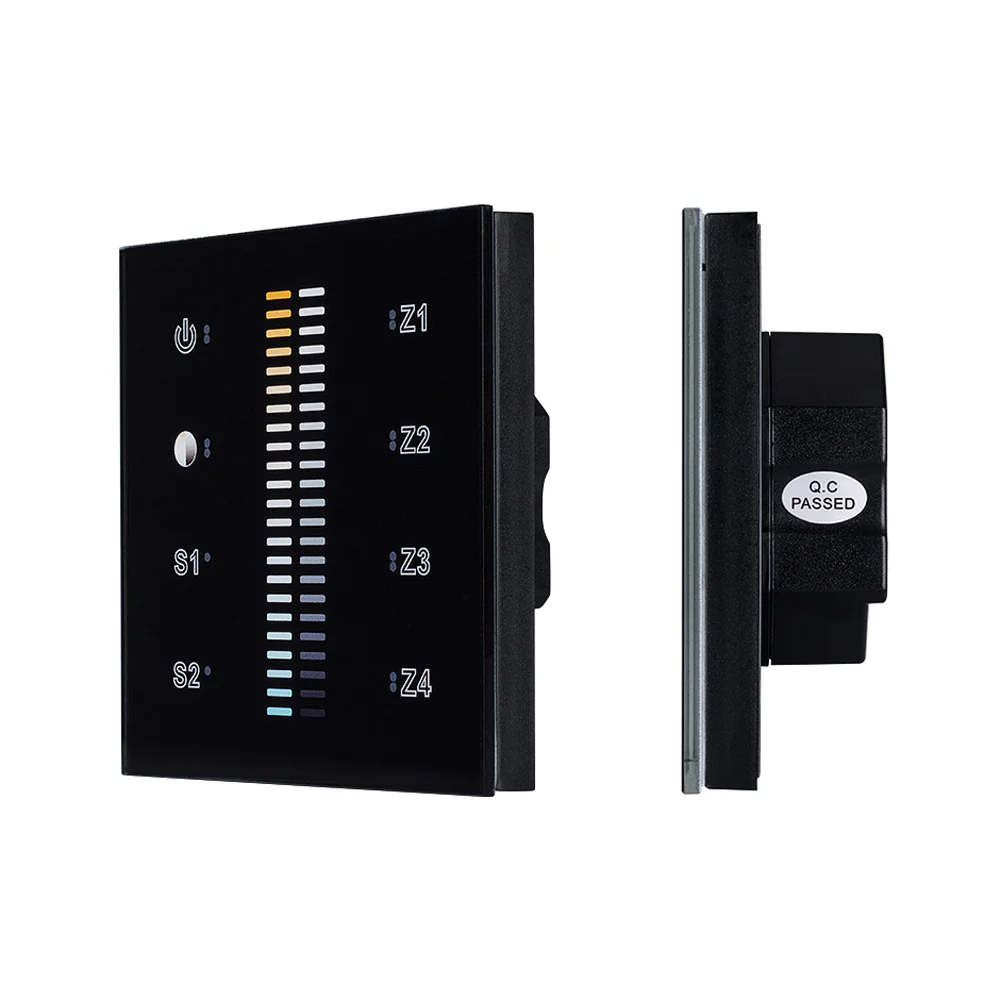 Панель Sens SR-2830B-AC-RF-IN Black (220V,MIX+DIM,4зоны) 021062 - Встраиваемая стеклянная черная Touch-панель с сенсорным слайдером, 4 зоны, , Управление цветовой температурой и яркостью в 4 зонах, 2 сцены в каждой зоне. Управление – по радиоканалу (совме