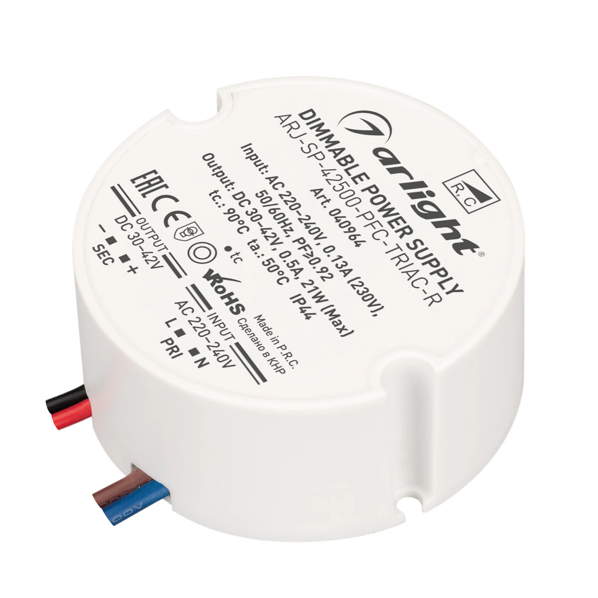 Блок питания ARJ-SP-42500-PFC-TRIAC-R (21W, 30-42V, 500mA) 040964 - Диммируемый источник тока по стандарту TRIAC с гальванической развязкой для светильников и мощных светодиодов. Входное напряжение 220-240 VAC. Выходные параметры: 30-42 В, 500 mА, 21 Вт. 