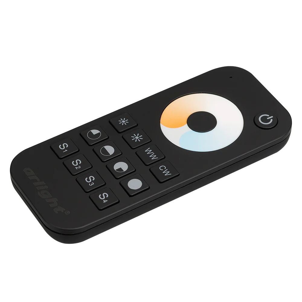 Пульт SMART-R34-MIX Black (1 зона, 2.4G) 025032 - Кнопочный радиопульт с сенсорным кольцом 2.4 ГГц черного цвета для управления MIX-источником света. 1 зона управления, 4 слота памяти пользовательских настроек, управление яркостью с помощью сенсорного кол