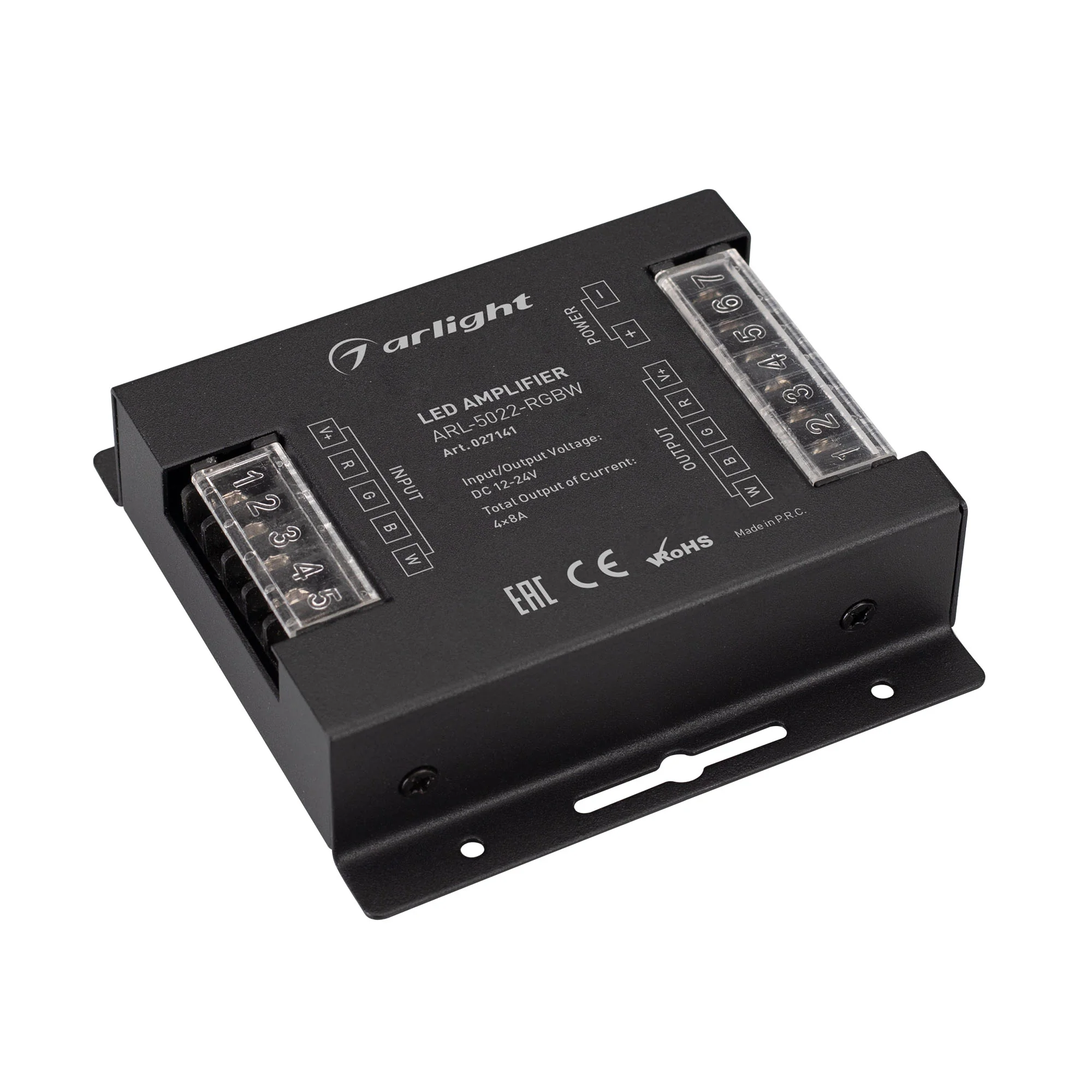 Усилитель ARL-5022-RGBW (12-24V, 4x8A, 384-768W) 027141 - 4-х канальный RGBW усилитель для контроллеров (12-24VDC). Питание 12-24VDC. 4 канала, ток нагрузки 4x8A, мощность нагрузки 384-768W. Размер 94x92x26 мм.