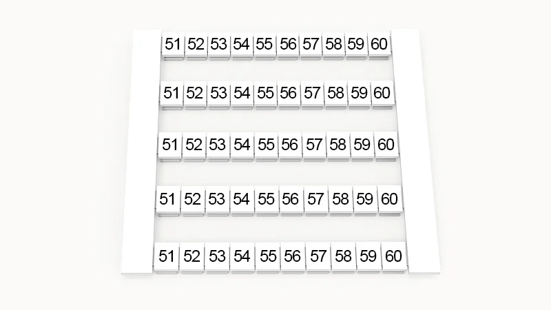Марк. кассета DEK5-50P-19-32Z(H) - Маркировочные шильдики для клемм WS…, сечением 2,5 мм кв., боковая, 50 шильдиков, нанесенные символы: 51-60, по 5 полосок,с вертикальным расположением, размер шильдика: 4,8х5,5 мм, цвет белый