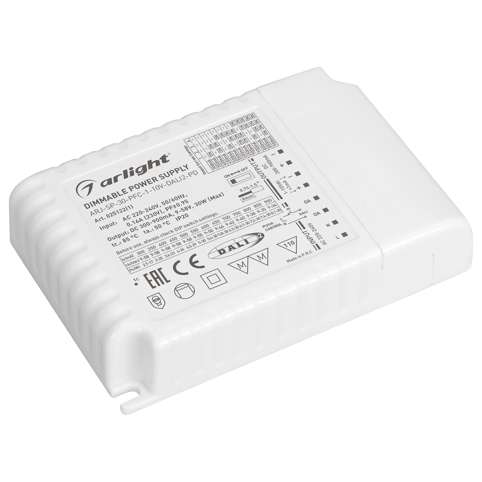 Блок питания ARJ-SP-30-PFC-1-10V-DALI2-PD (30W, 18-90V, 0.2-0.55A) 036286 - Поставка под заказ от 180 шт. Диммируемый источник тока по протоколу DALI 2.0 (диапазон 0-100%) и 1-10V (диапазон 2%-100%) с гальванической развязкой для светильников и мощных све