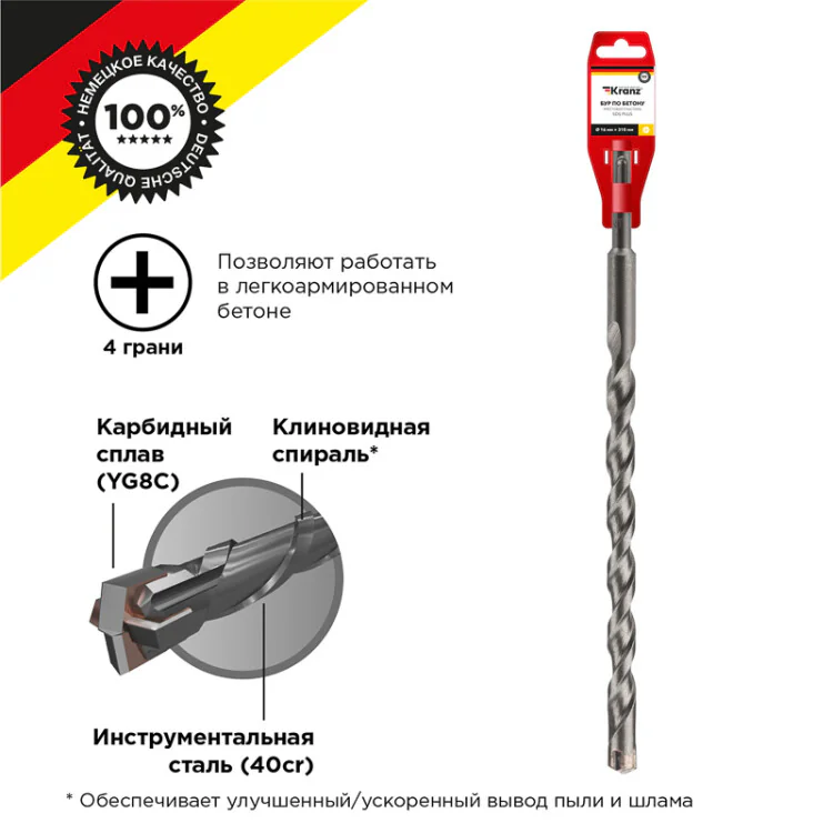 Бур по бетону 16x310x250 мм SDS PLUS крестовая пластина KR-91-0102