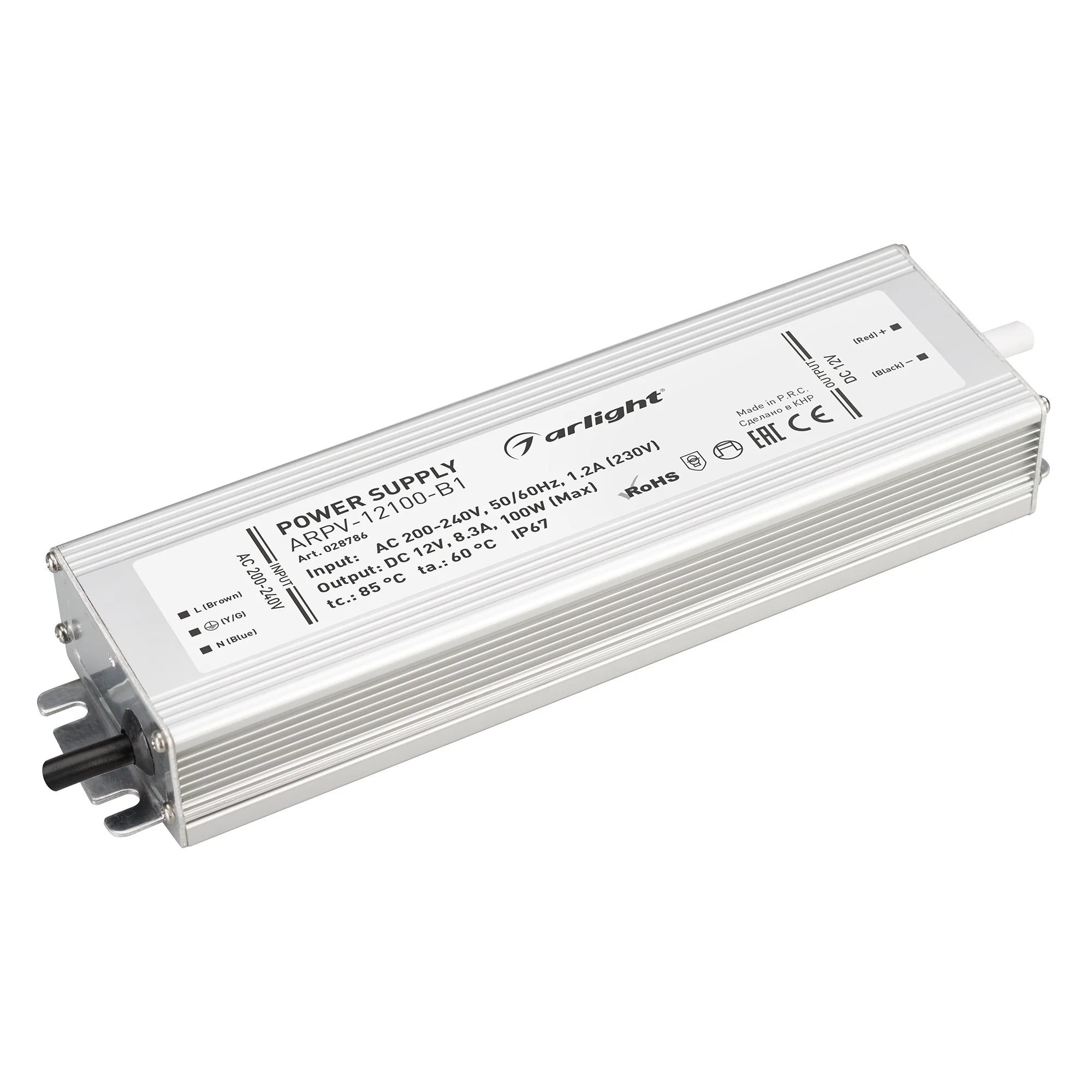 Блок питания ARPV-12100-B1 (12V, 8,3A, 100W) 028786 - Источник напряжения с гальванической развязкой для светодиодных изделий. Входное напряжение 200-240 VAC. Выходные параметры: 12 В, 8,3 А, 100 Вт. Встроенный PFC >0,5. Герметичный алюминиевый корпус IP 