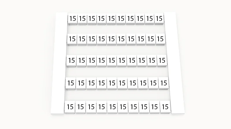 Марк. кассета DEK5-50P-19-89Z(H) - Маркировочные шильдики для клемм WS…, сечением 2,5 мм кв., боковая, 50 шильдиков, нанесенные символы: 15, по 5 полосок,с вертикальным расположением, размер шильдика: 4,8х5,5 мм, цвет белый