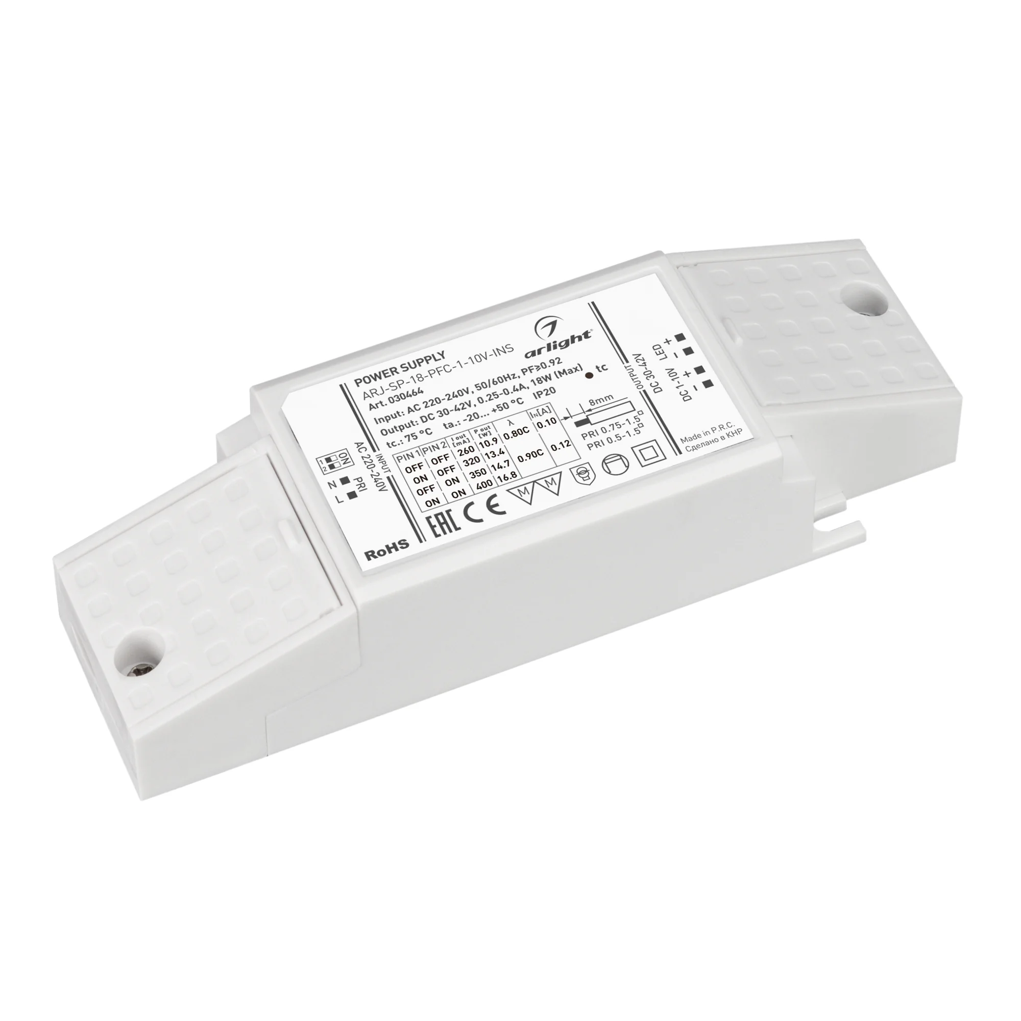 Блок питания ARJ-SP-18-PFC-1-10V-INS (18W, 250-400mA) 030464 - Диммируемый мультитоковый блок питания с управлением 1-10V, с гальванической развязкой. Питание 220-240VAC. Выход 30-42 В, ток 250/300/350/400 мА (дип-переключатель на корпусе), макс.мощность 