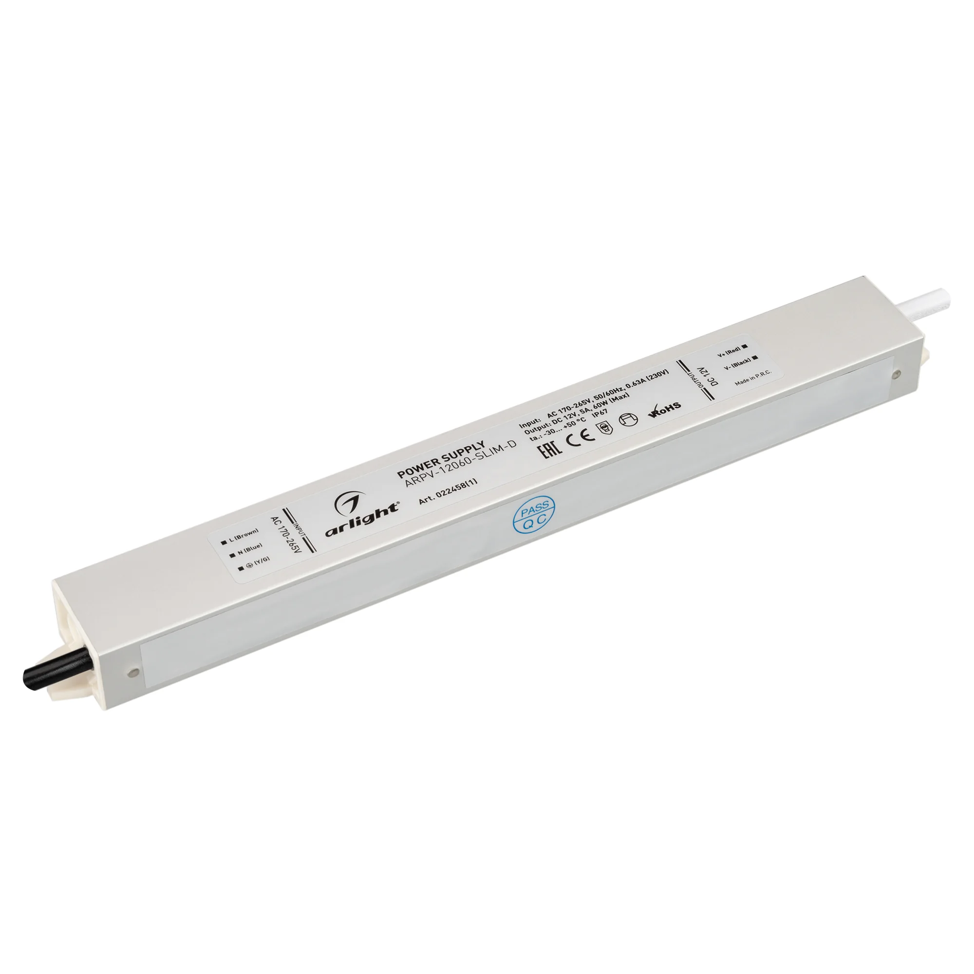 Блок питания ARPV-12060-SLIM-D (12V, 5A, 60W) 022458(1) - Источник напряжения с гальванической развязкой для светодиодных изделий. Входное напряжение 170-265 VAC. Выходные параметры: 12 В, 5 А, 60 Вт. Встроенный PFC >0,5. Герметичный алюминиевый корпус IP