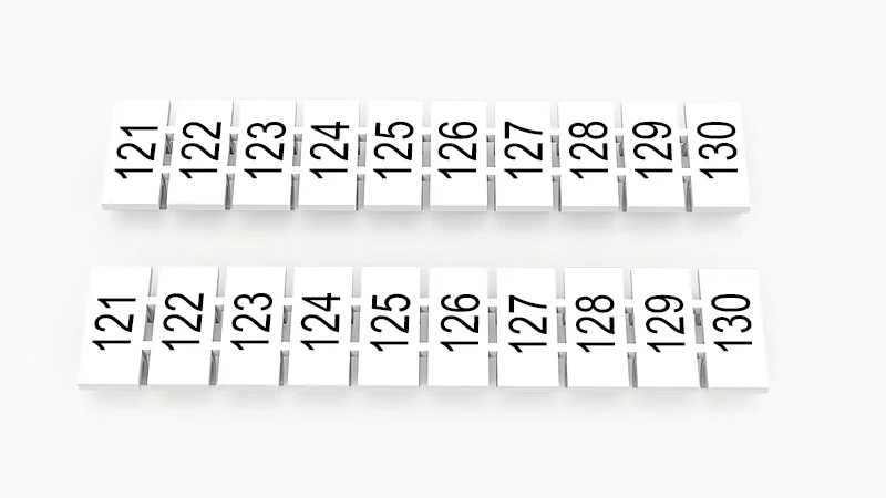 Марк.  полоска ZB5-10P-19-832Z(H) - Маркировочные шильдики для клемм WS…, DC…, PC…, сечением 2,5 мм кв., центральная, 10 шильдиков, нанесенные символы: 121-130 с горизонтальным расположением, размер шильдика: 4,55х10,7 мм, цвет белый