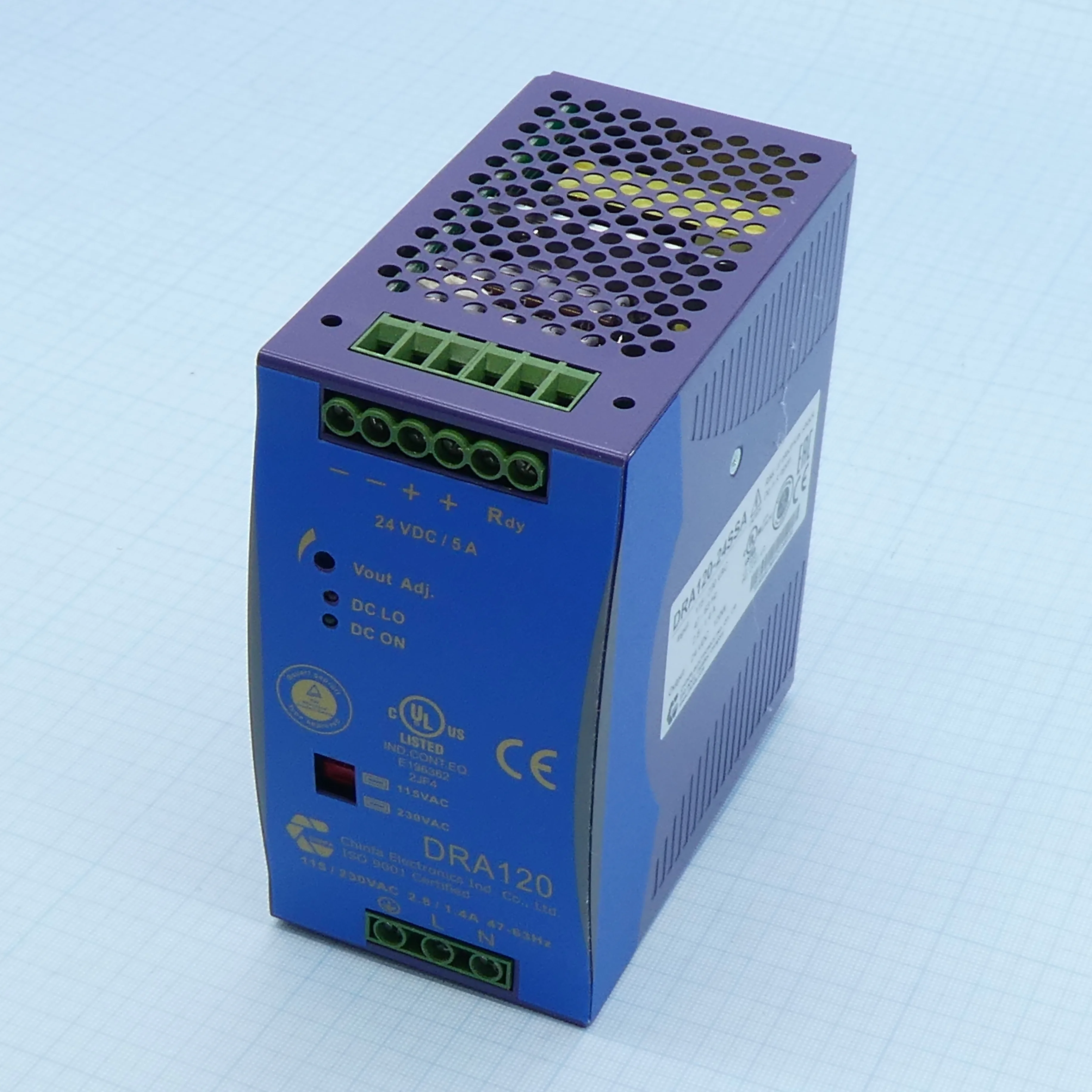 DRA120-24SSA - Преобразователь AC-DC на DIN-рейку  120Вт, выход 24В/5A, вход 93…132VAC / 186…264V AC( по выбору), 47…63Гц / 210…370VDC, screw terminal, изоляция 3000V AC, : 126х124х64мм, -10…+50°С