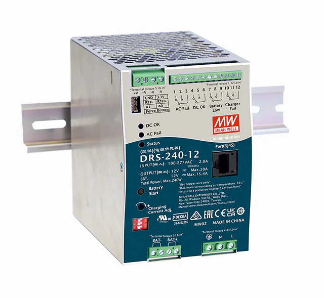 DRS-240-12 - AC-DC с функцией UPS, 240Вт, выход 12В/20A, вход 90…305В АС/127…431В DC, максимальный зарядный ток 15.4А, MODBus, изоляция 3000В АС, в корпусе 85.5х125.2х129.2мм, -30...+70°С