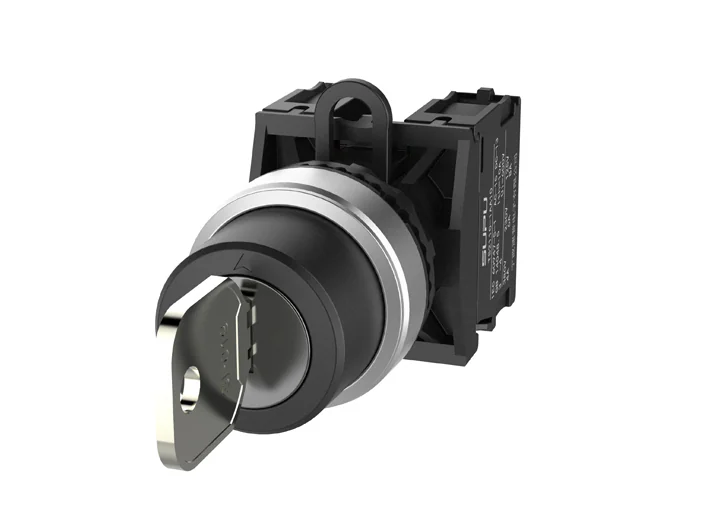 Селекторный переключатель (черный) TS2520-2AL60-S10 - Переключатель, с ключом, 3-х позиционный, фиксируемый, ключ вынимается из положения центр+слева, без подсветки, алюминиевое переднее кольцо, с мгновенным нажатием, с контактной группой 1NO, диаметр гол