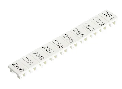 Шильдик 9705A/8/10 B 251-260 - Маркировка для клемм сечением 6 мм.кв., шириной 8 мм, 10 шильдиков, белая, нанесенные знаки: 251 – 260
