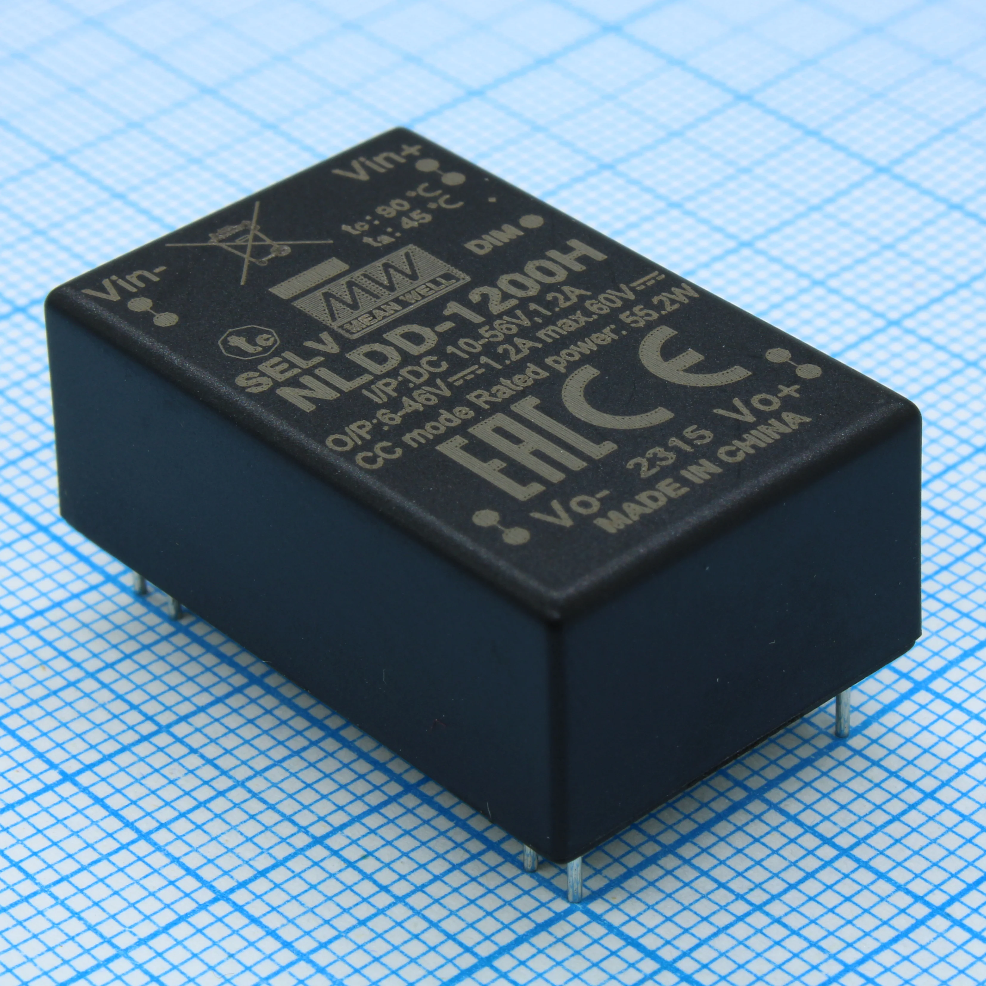 NLDD-1200H - DC/DC LED понижающий, вход 10…56В, выход 6…46В/1.2А, КПД до 95%, вход On/Off/DIMM, 32.1x20.5x12.5мм, в плату, -40…50°C, пластик