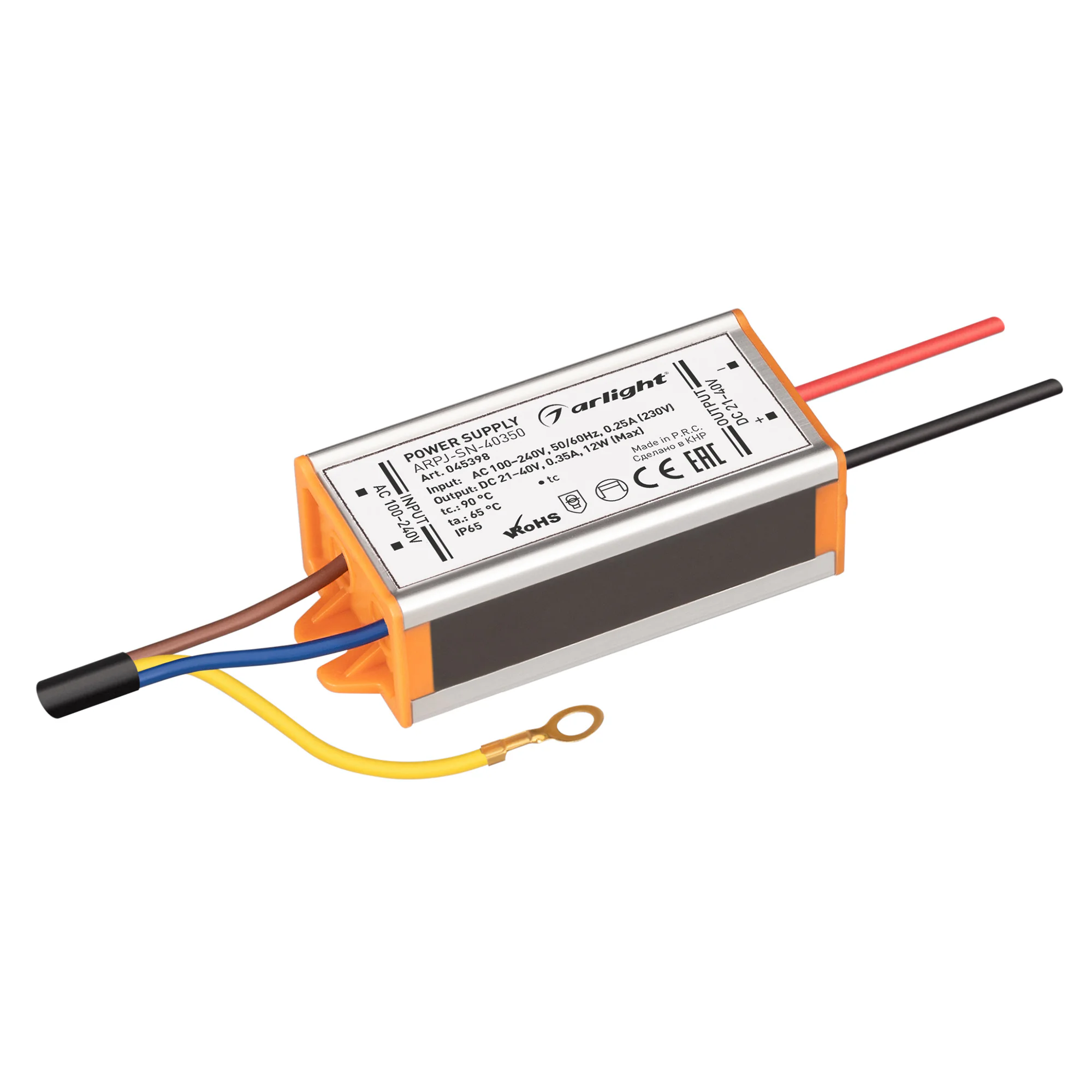 Блок питания ARPJ-SN-40350 (12W, 21-40V, 350mA) 045398 - Источник тока с гальванической развязкой для уличных светильников и мощных светодиодов. Входное напряжение 100-240 VAC. Выходные параметры: 21-40 В, 350 mА, 12 Вт. PF >0.5. Герметичный металлический