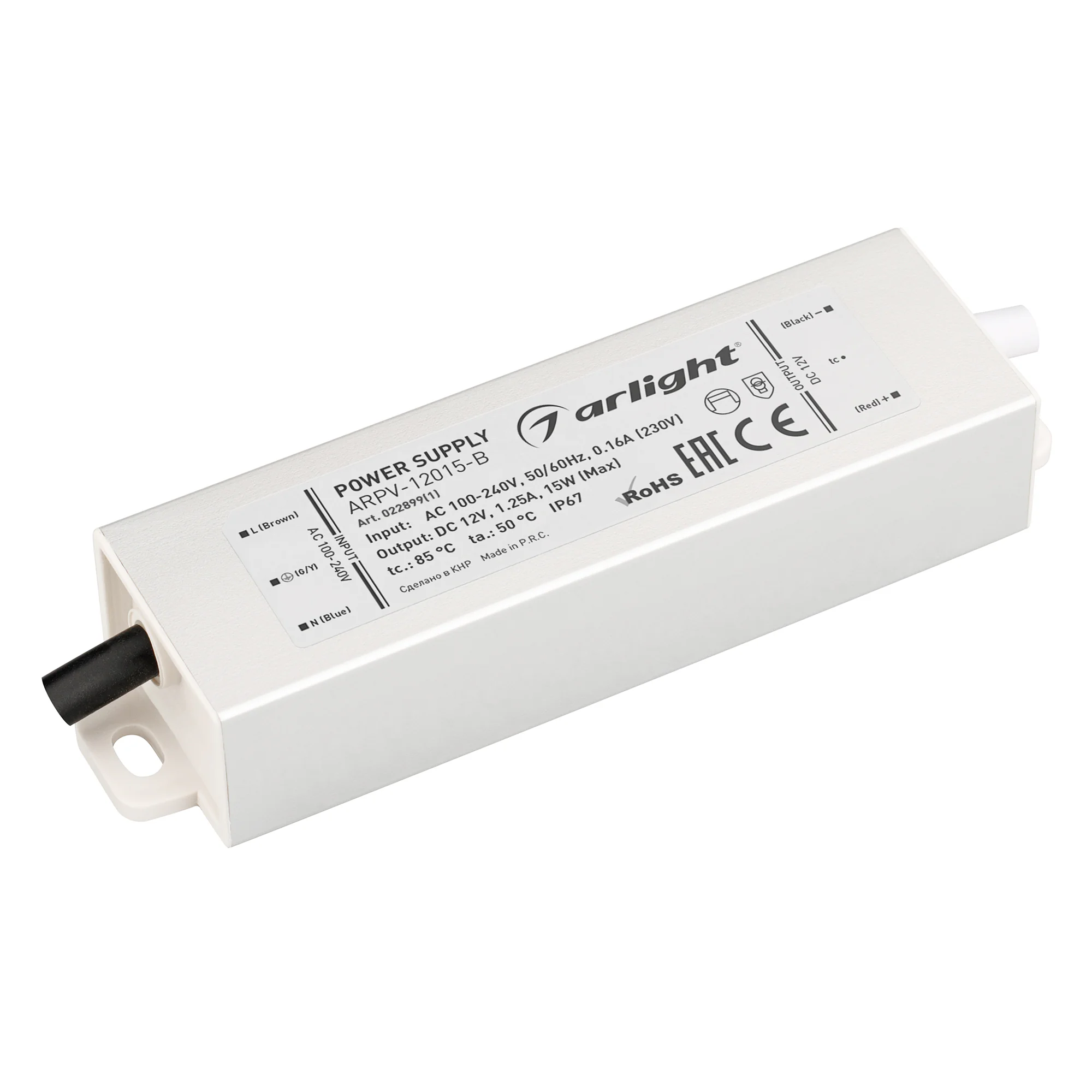 Блок питания ARPV-12015-B (12V, 1.3A, 15W) 022899(1) - Источник напряжения с гальванической развязкой для светодиодных изделий. Входное напряжение 100-240 VAC. Выходные параметры: 12 В, 1,25 А, 15 Вт. Встроенный PFC >0,5. Герметичный алюминиевый корпус IP