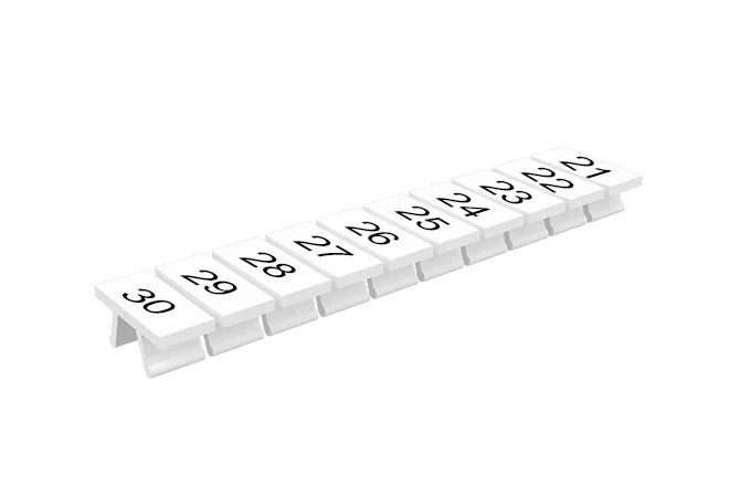 Маркировка  305801/21...30V - Маркировочные шильдики для клемм TU/TP/TC, сечением 2,5 мм кв., 10 шильдиков, нанесенные символы: 21…30, с вертикальным расположением, цвет белый