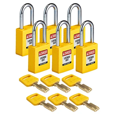 gws150225 - Замки SafeKey нейлоновые со стальной дужкой, высота дужки – 38 мм, диаметр дужки – 6.4 мм, нейлоновый корпус, размеры корпуса – 46х38х19 мм, цвет – желтый, 6 шт/упак