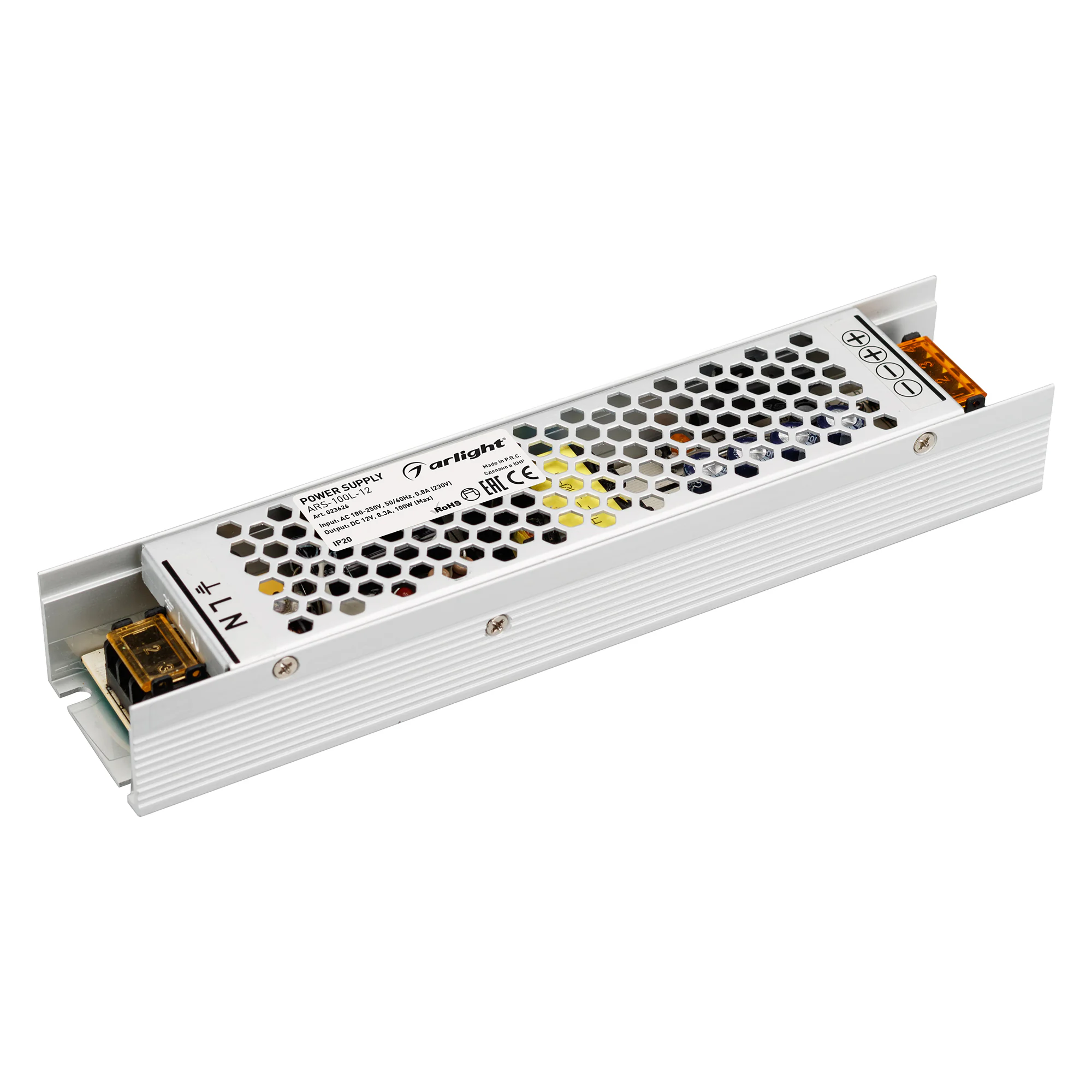 Блок питания ARS-100L-12 (12V, 8.3A, 100W) 023626 - Источник напряжения с гальванической развязкой для светодиодных изделий. Входное напряжение 180-250 VAC. Выходные параметры: 12 В, 8,3 А, 100 Вт. Встроенный PFC >0,5. Негерметичный алюминиевый сетчатый к