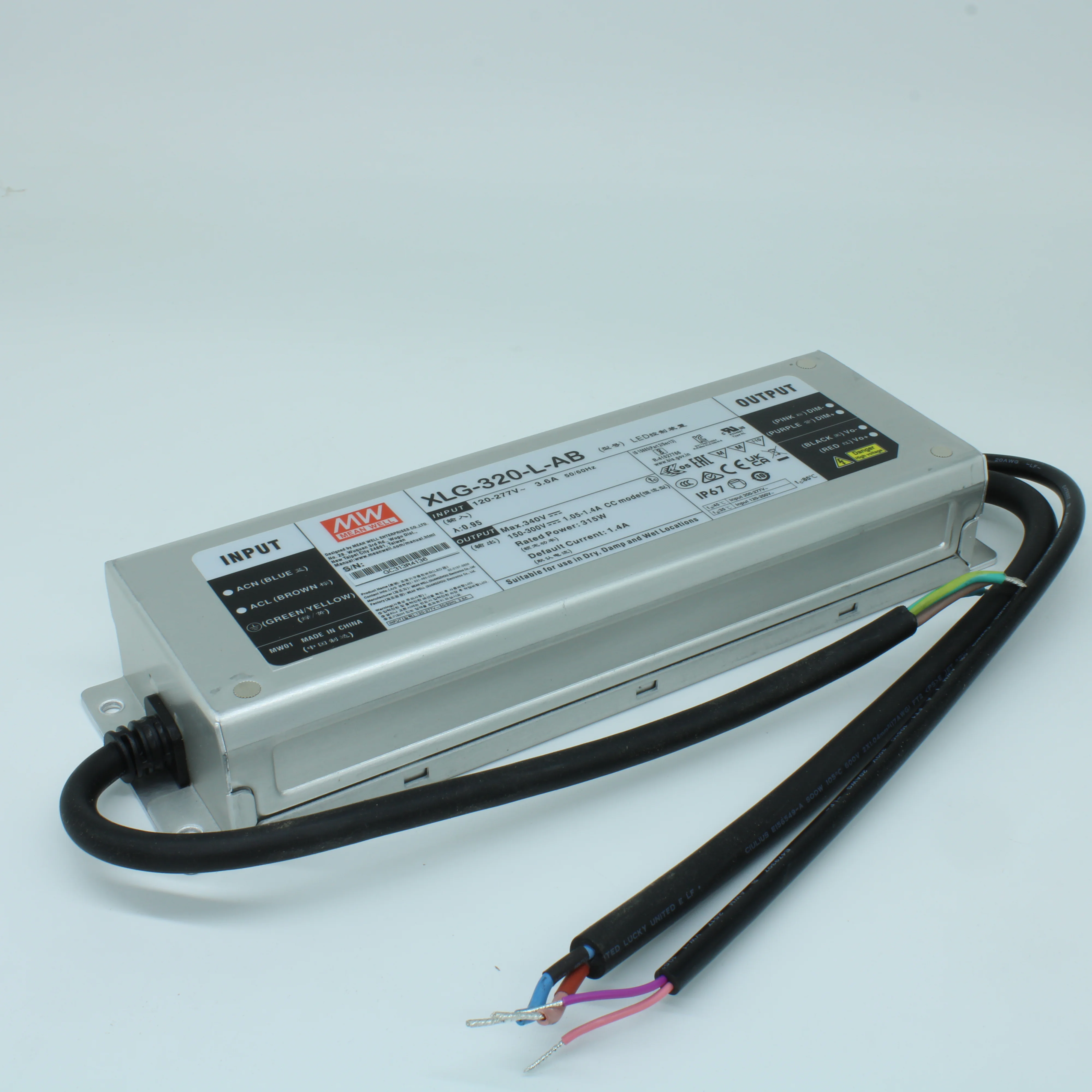XLG-320-L-AB - AC-DC, 315Вт, стабилизатор тока, IP67, вход 100…305В AC, 47…63Гц, ККМ, выход 1400(500…1400)мА/150…300В, изоляция 3750В AC, в кожухе 246х77х39.5мм, -40…+85°С (корпус), встр. потенциометр, димминг 3 в 1