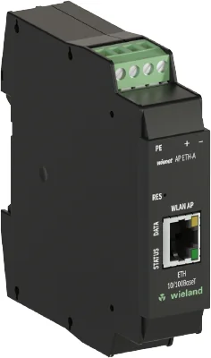 Точка доступа WIENET AP ETH-A - Точка доступа WLAN серии WieNet, 1 порт RJ45 скорость передачи 10/100 MBit/s, WiFi IEEE 802.11n / g / b, встроенная антенна, номинальное напряжение: 9-28 VDC, монтаж: на DIN рейку, материал корпуса: пластик