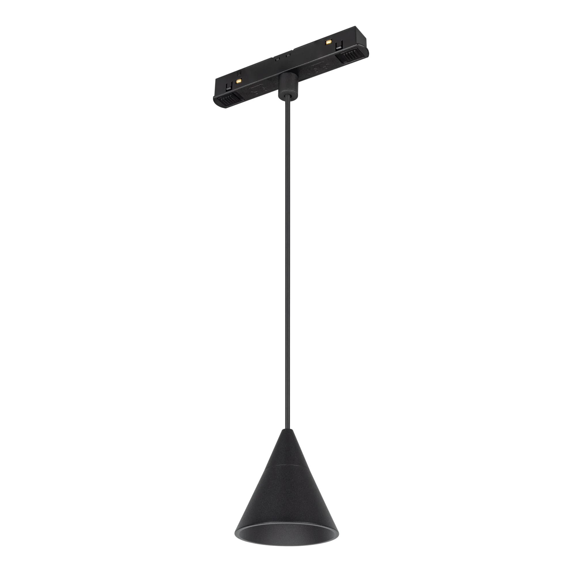 Светильник MAG-ORIENT-CONE-HANG-7W Warm3000 (BK, 40 deg, 48V) 037370 - Светильник для магнитных треков MAG-ORIENT шириной 26 мм. Мощность 7 Вт, св. поток 300 лм, теплый 3000 K, CRI>90, угол 40°, напряжение питания 48 В. Черный фигурный корпус из металл, с