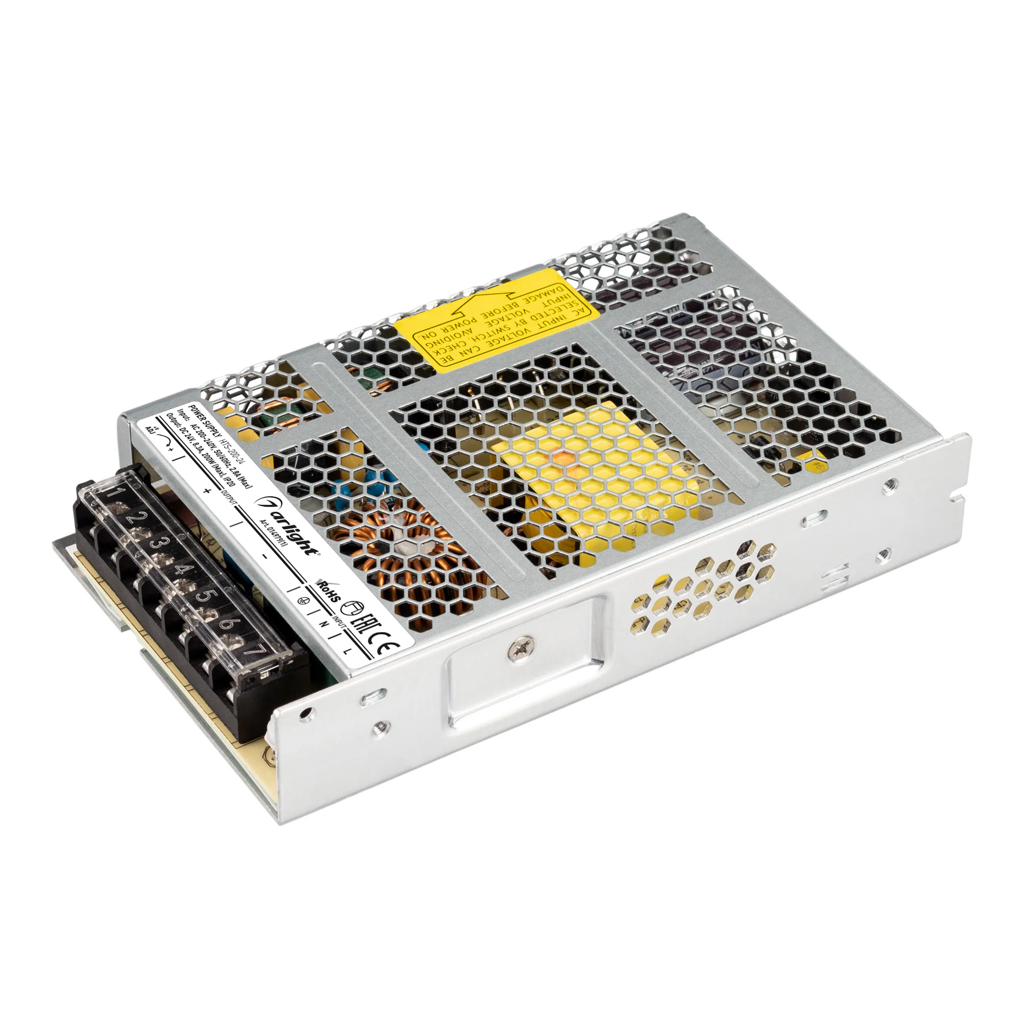 Блок питания HTS-200-24 (24V, 8.3A, 200W) 014979(1) - Источник напряжения с гальванической развязкой для светодиодных изделий. Входное напряжение 200-240 VAC. Выходные параметры: 24 В, 8,3 А, 200 Вт. Встроенный PFC >0,5. Негерметичный алюминиевый сетчатый