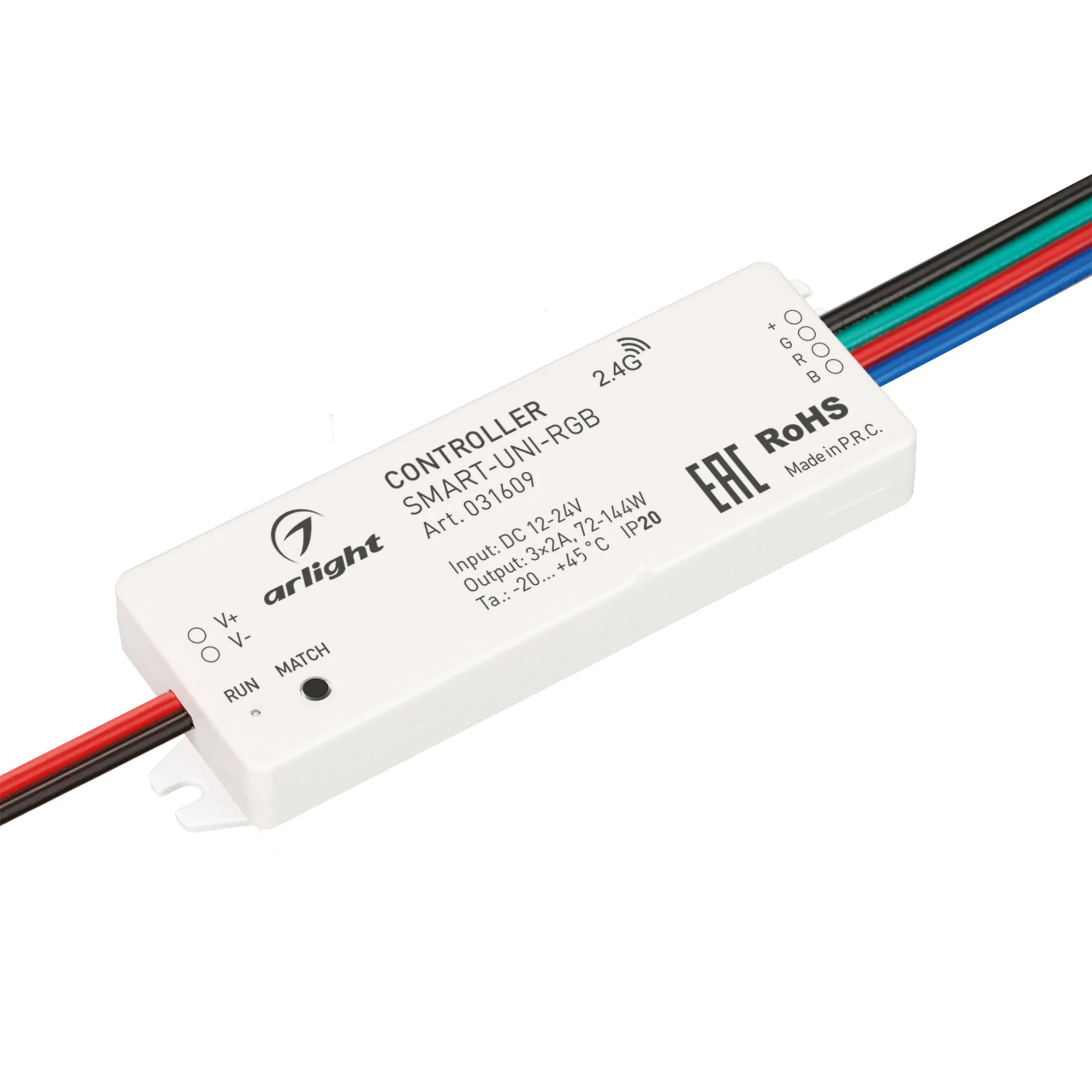 Контроллер SMART-UNI-RGB (12-24V, 3x2A, 2.4G) 031609 - Контроллер для мультицветной (RGB) светодиодной ленты (ШИМ). Питание/рабочее напряжение 12-24VDC, максимальный ток 2A на канал, 3 канала, максимальная мощность 72-144W. Корпус - PVC. Габариты 64x23.5x
