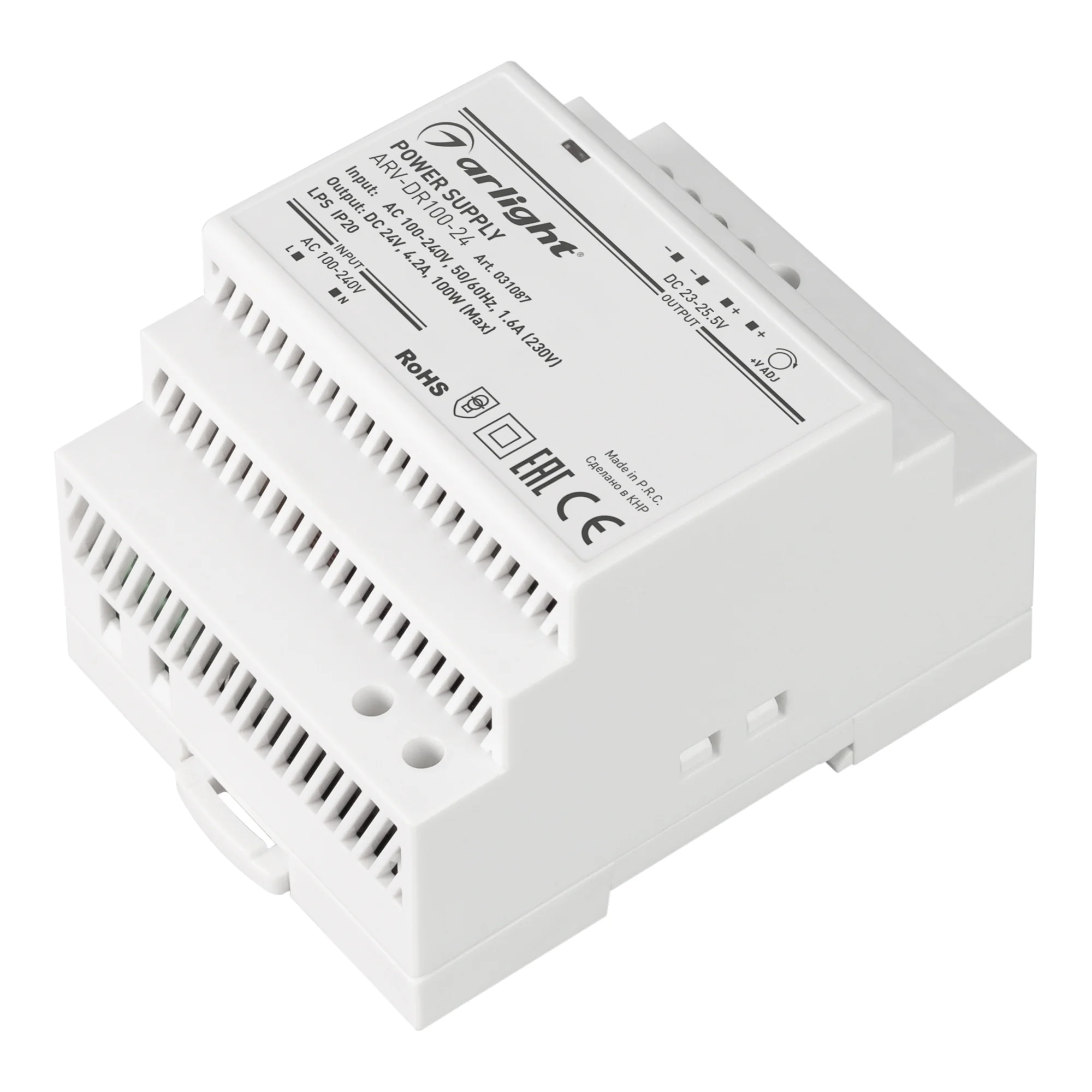 Блок питания ARV-DR100-24 (24V, 4.2A, 100W) 031087 - Источник напряжения с гальванической развязкой для светодиодных изделий. Входное напряжение 100-240 VAC. Выходные параметры: 24 В, 4.2 А, 100 Вт. Негерметичный пластиковый корпус IP 20 для установки на 