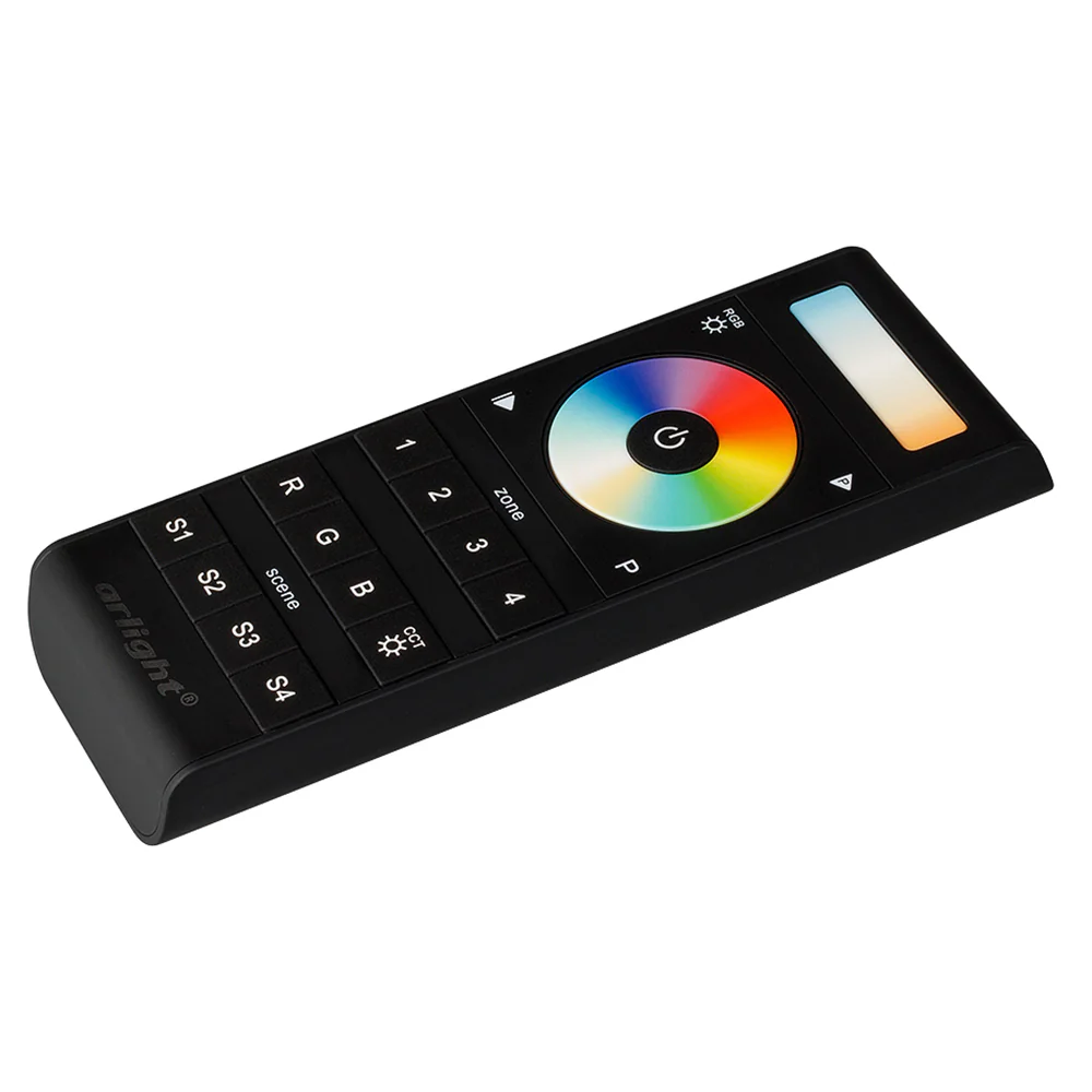 Сенсорный пульт SR-2858Z4-5CH (RGB+CCT, 4 зоны) 021835 - Мультизонный пульт RF (868MHz) с сенсорным кольцом выбора цвета и сенсорной полосой выбора цветовой температуры, 4 зоны управления. Черный матовый корпус. Используется с контроллерами SR-1009EA-5CH 