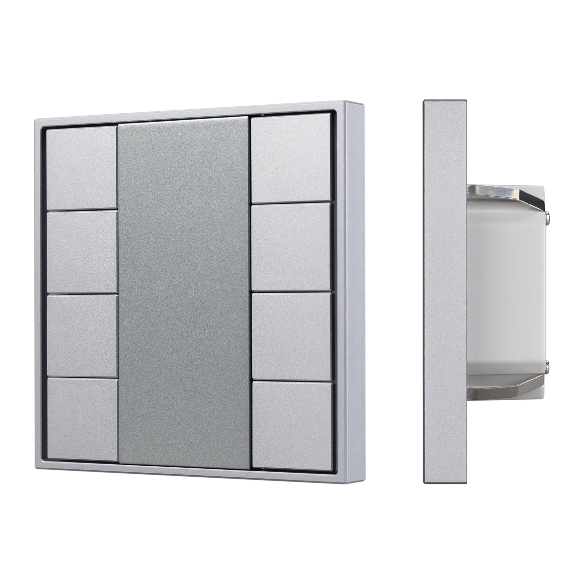 INTELLIGENT ARLIGHT Панель KNX-223-8-GREY (BUS) 027962 - Универсальная многофункциональная встраиваемая настенная панель для систем KNX. 8 клавиш. Тонкая рамка, материал - металл. Цвет корпуса - серебристый. Питание от шины KNX DC 21-30V. Габариты 80x80x2
