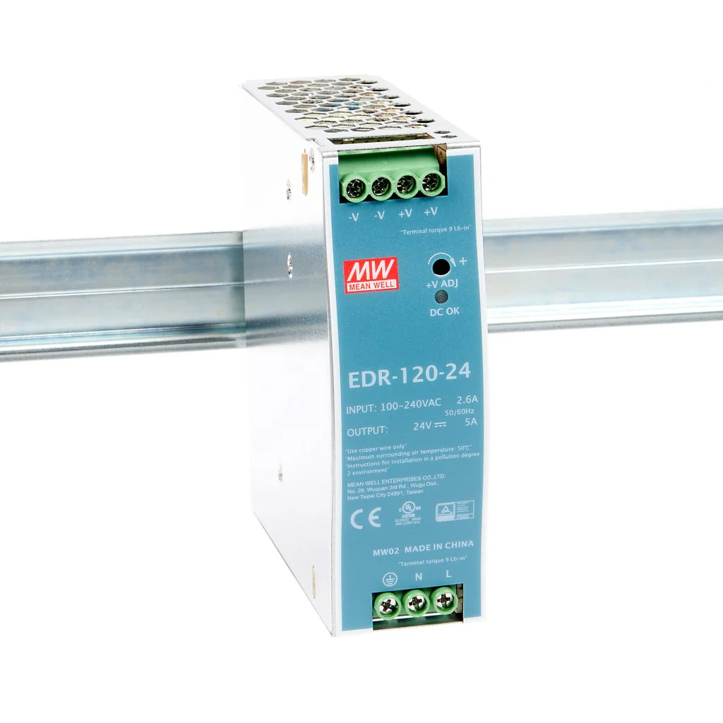 EDR-120-24 - AC-DC, 120Вт, вход 90…264V AC, 47…63Гц /127…370В DC, выход 24В/5A, рег. вых 24…28В, изоляция 3000В AC, в кожухе на DIN-рейку 40х125.2х102мм, -20…+60°С