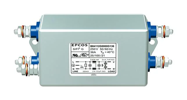 B84112G0000G120 - Фильтр линии питания двухпроводный 50Гц/60Гц 20A 250В переменного тока резьбовая шпилька фланцевое крепление