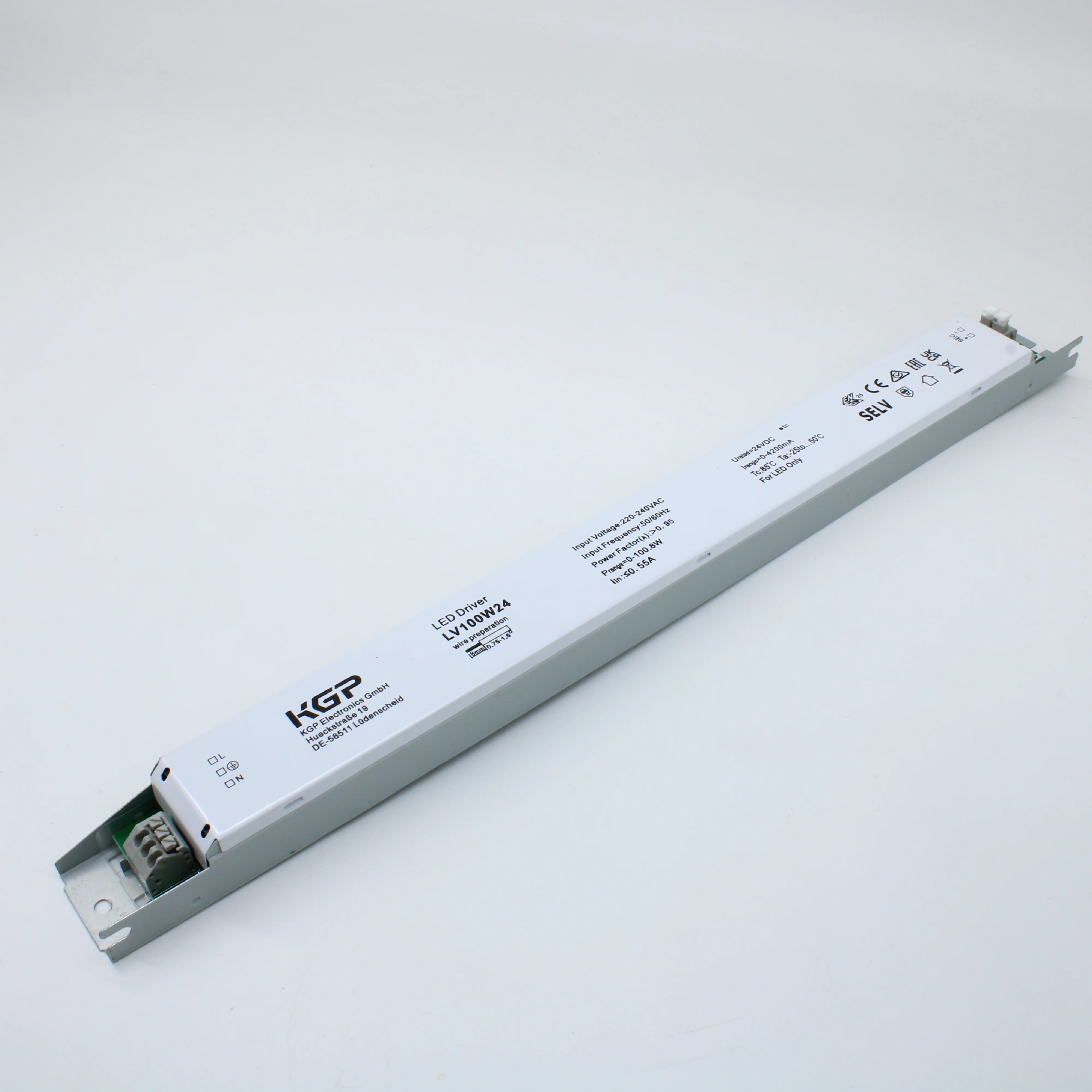LV100W24 - AC-DC, 100Вт, IP20, вход 176…264В AC/170-275VDC, выход 24В/4,2А, ККМ (PF?0.95), изоляция 1кВ, пластиковый корпус 360*31*21mm, -25…+50°С