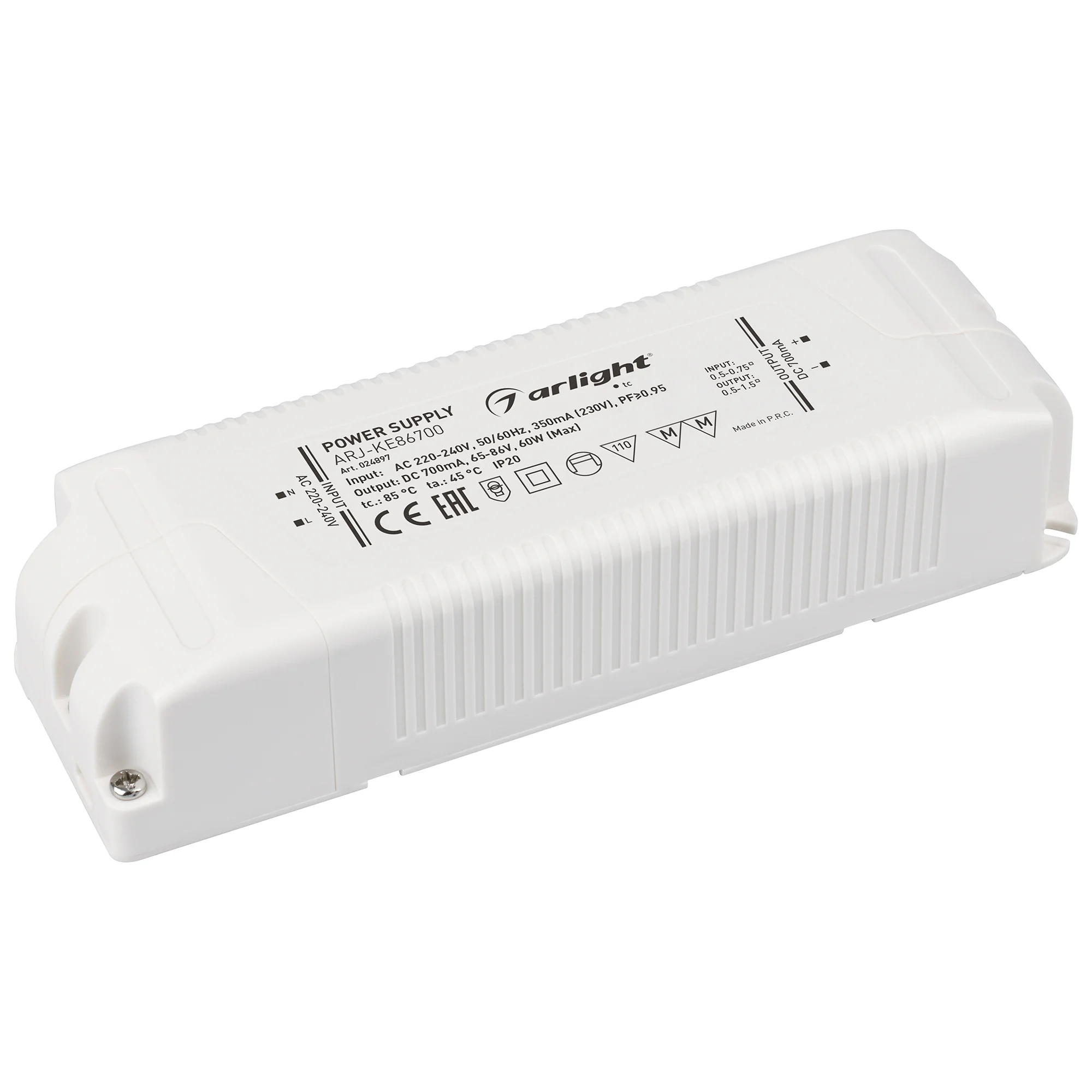 Блок питания ARJ-KE86700 (60W, 700mA, PFC) 024897 - Источник тока с гальванической развязкой для светильников и мощных светодиодов. Входное напряжение 220-240 VAC. Выходные параметры: 65-85 В, 700 mА, 60 Вт. Встроенный PFC >0,95. Негерметичный пластиковый