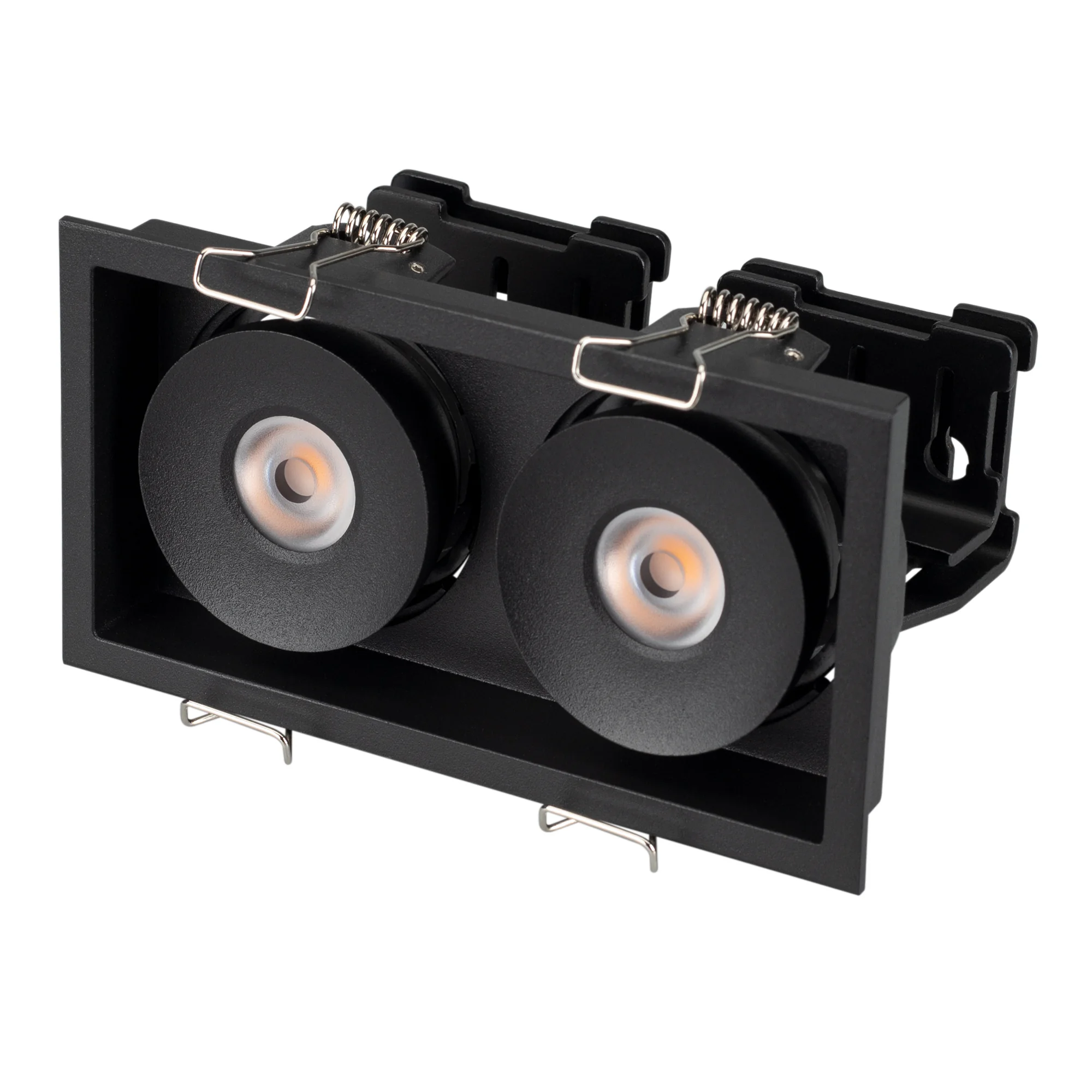 Светильник CL-SIMPLE-S148x80-2x9W Warm3000 (BK, 45 deg) 028151 - Встраиваемый поворотный светильник для потолка. Мощность 2x9W, цвет ТЕПЛЫЙ 3000K, св.поток 1260лм, угол 45°, RA>90. Корпус прямоугольный черный. Питание AC180-240V. Размеры LxWxH 148x80x90мм