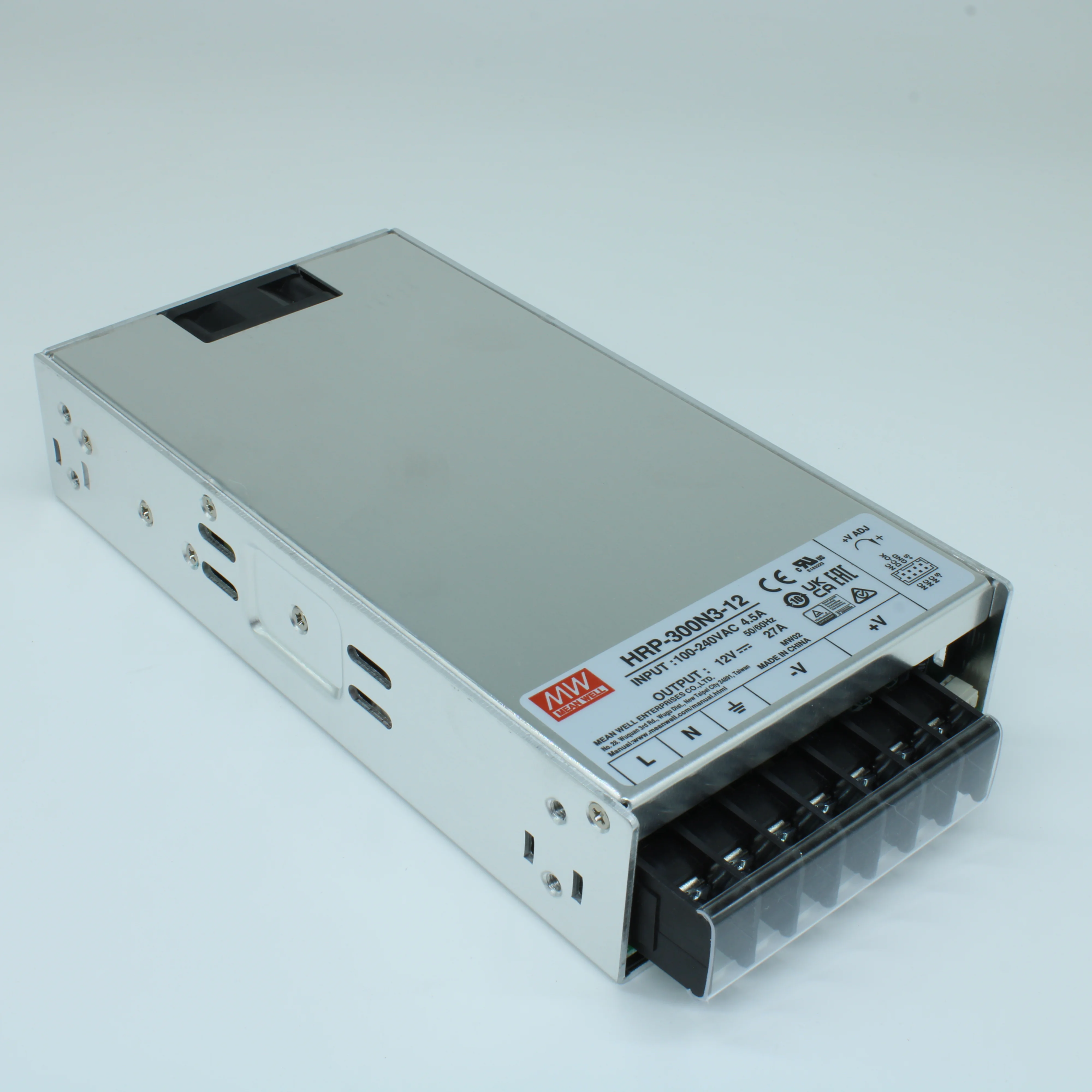 HRP-300N3-12 - AC-DC, 324Вт, выход 12В/0...27A, рег. вых 10.2…13.8 В , вход 85…264В AC, 47…63Гц / 120…370 В DC,  изоляция 3000В AC, в кожухе 199x105x41мм, -40…+70°С, вентилятор, кратковременная пиковая мощность 350%