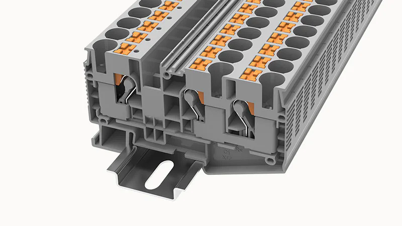 Проходная клемма DS10-TW-01P-11 - Проходная клемма, 3 точки подключения, тип фиксации провода: Push-in, номинальное сечение: 10 мм кв., 57A, 1000V, ширина: 10,2 мм, цвет: серый, втычная перемычка, тип монтажа: DIN35