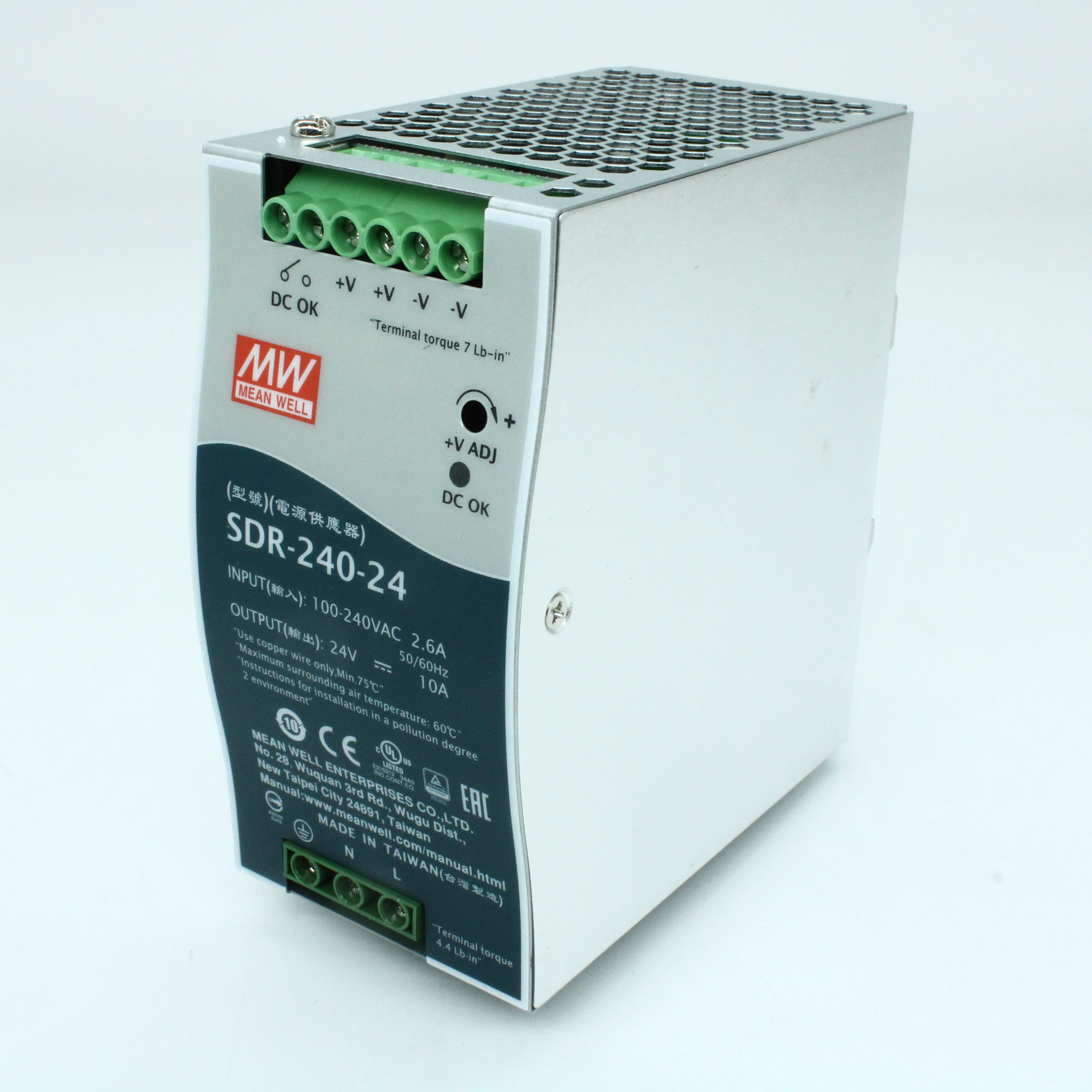 SDR-240-24 - Преобразователь AC-DC на DIN-рейку  240Вт, выход 24В/10A, рег.вых=24...28В, вход 90…264VAC, 47…63Гц / 127…370VDC, изоляция 3000V AC, в кожухе : 63х125.2х114мм, -25…+70°С