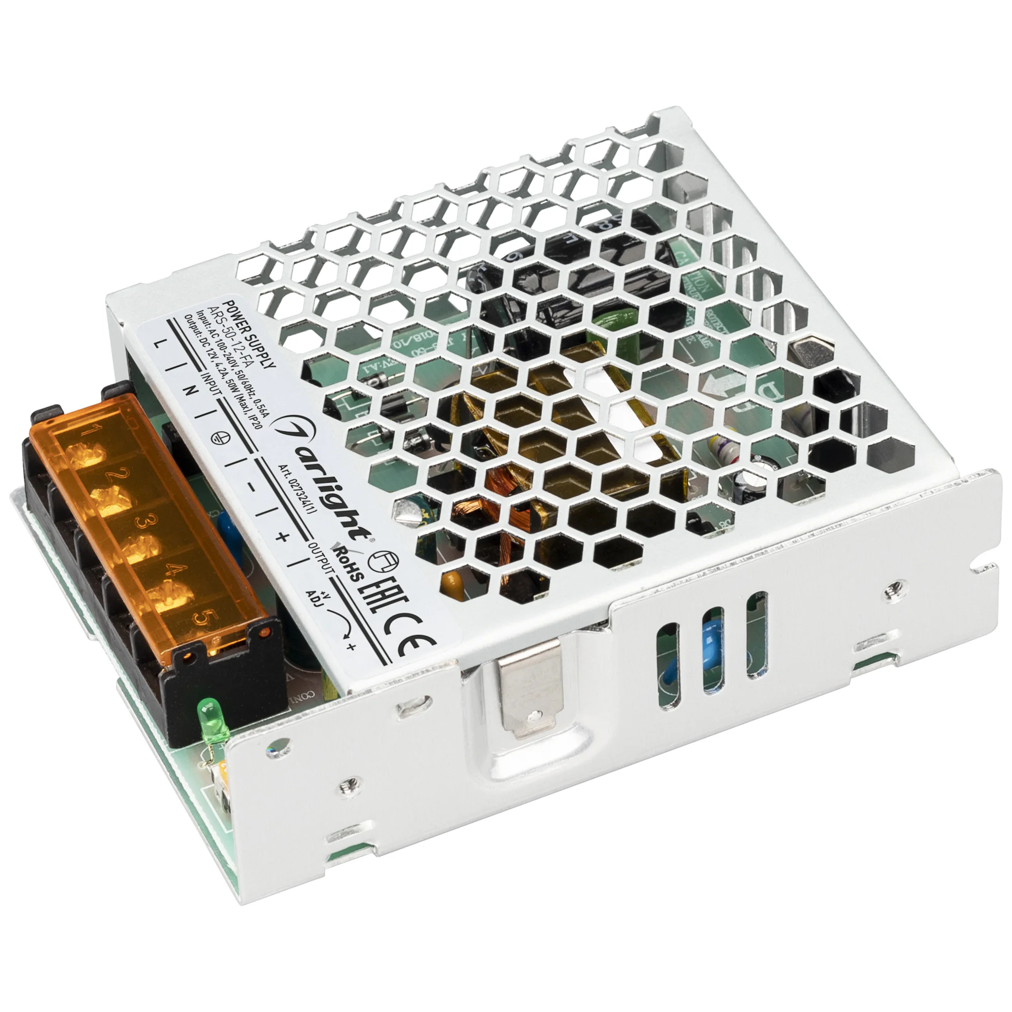 Блок питания ARS-50-12-FA (12V, 4.2A, 50W) 027324(1) - Источник напряжения с гальванической развязкой для светодиодных изделий. Входное напряжение 100-240 VAC. Выходные параметры: 12 В, 4,2 А, 50 Вт. Встроенный PFC >0,5. Негерметичный алюминиевый сетчатый
