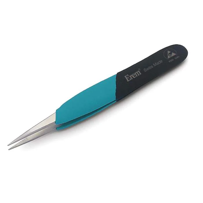 SWISS ERGONOMIC  EOOSA - Специальная нержавеющая сталь, эргономичные ручки, не магнитятся, электростатически безопасны. Эргономичный точный прямой пинцет с тонкими концами, для основного использования. Очень крепкий, 120 мм, 30 г