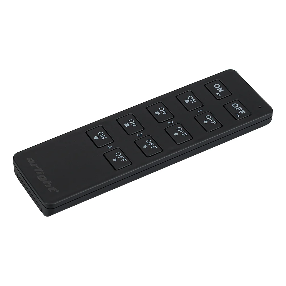 Пульт SMART-R7-DIM (4 зоны, 2.4G) 023028 - Кнопочный радиопульт 2.4 ГГц черного цвета для управления одноцветным (DIM) источником света. 4 зоны управления, управление яркостью с помощью кнопок. Питание 3VDC (CR2032). Габариты 135x40x11 мм. Изготовлен из п