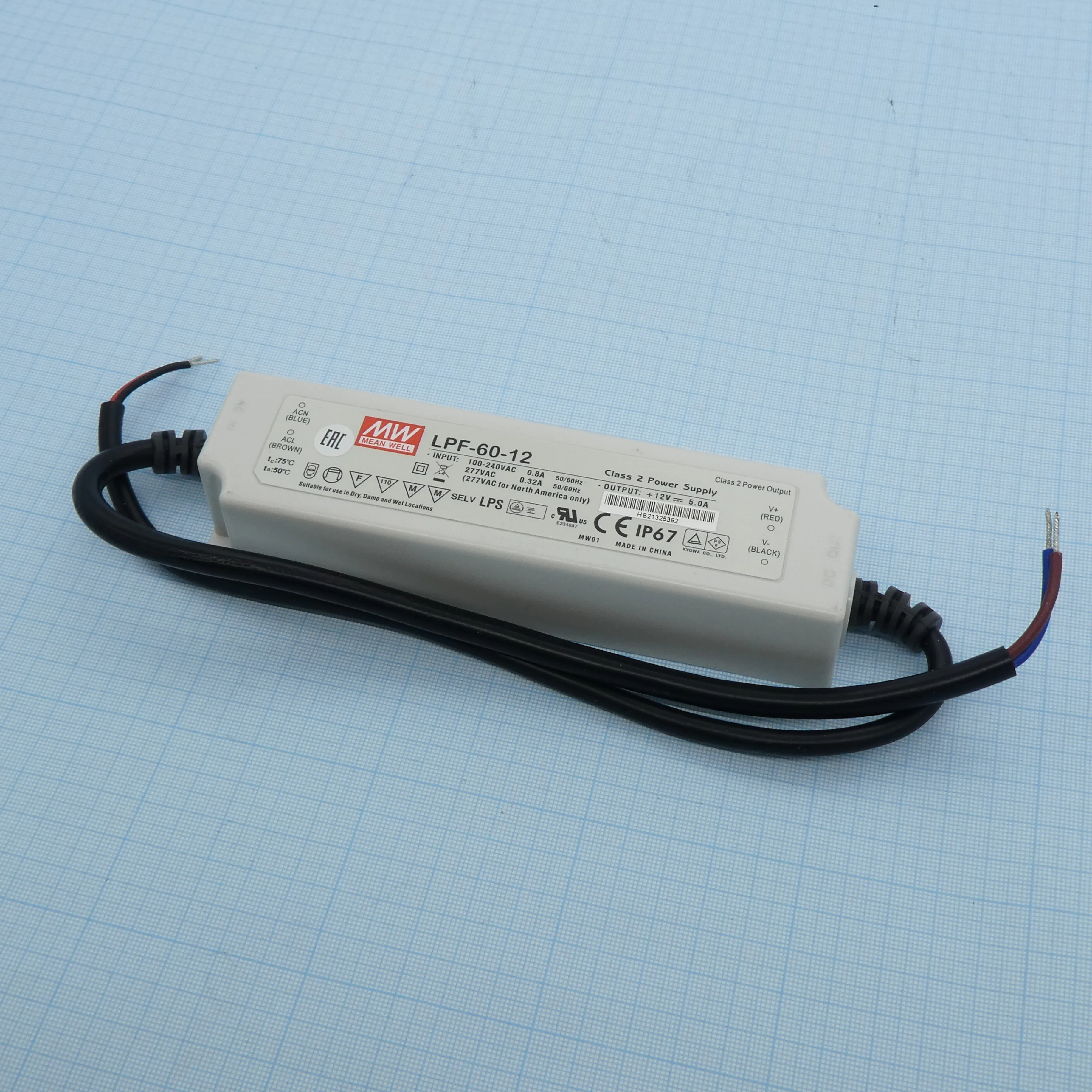 LPF-60-12 - AC/DC LED CV+CC, 60Вт, вход 90…305В AC, 47…63Гц /127…431В DC, выход 7.2…12В/5A, ККМ, изоляция 3750В AC, в кожухе 162.5х43х32мм, -40…+80°С, IP67