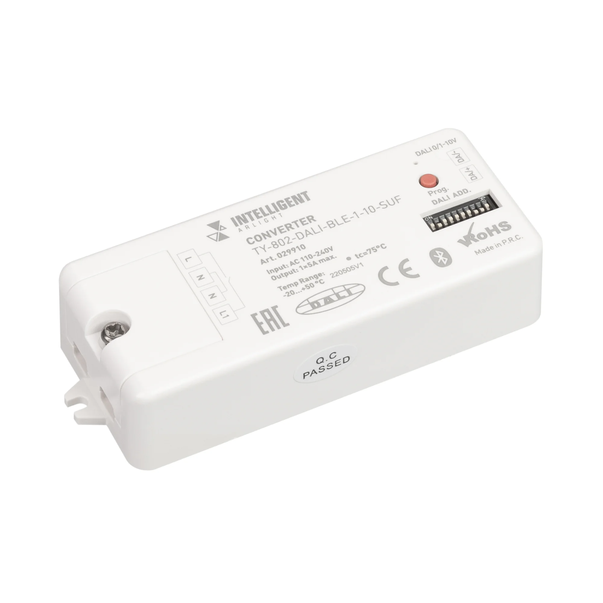 INTELLIGENT ARLIGHT Конвертер TY-802-DALI-BLE-1-10-SUF (230V, 10A, DALI, 0-10V) 029910 - Конвертер BLE(TUYA) в DALI / 0-10V. Входное напряжение 230В. Имеет встроенный источник питания шины DALI. Управлением по Bluetooth Mesh Low Energy v4.2 (SIG Mesh)  Ре