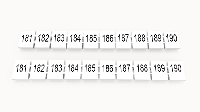 Марк.  полоска ZB8-10P-19-24Z(H) - Маркировочные шильдики для клемм WS…, DC…, PC…, сечением 6 мм кв., центральная, 10 шильдиков нанесенные символы: 181-190, с вертикальным расположением, размер шильдика: 7,45х10,7 мм, цвет белый
