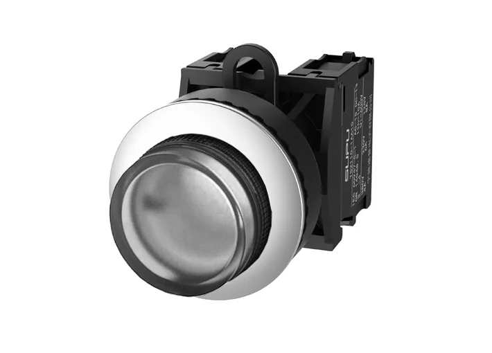 Кнопка выпуклая (прозрачная) TS2527-0DM70-S20 - Кнопка круглая выпуклая, без блокировки, LED AC 220V, алюминиевое переднее кольцо, с мгновенным нажатием, с контактной группой 2NO, диаметр головки кнопки 29,5 мм, диаметр посадочного отверстия: 22 мм, цвет: