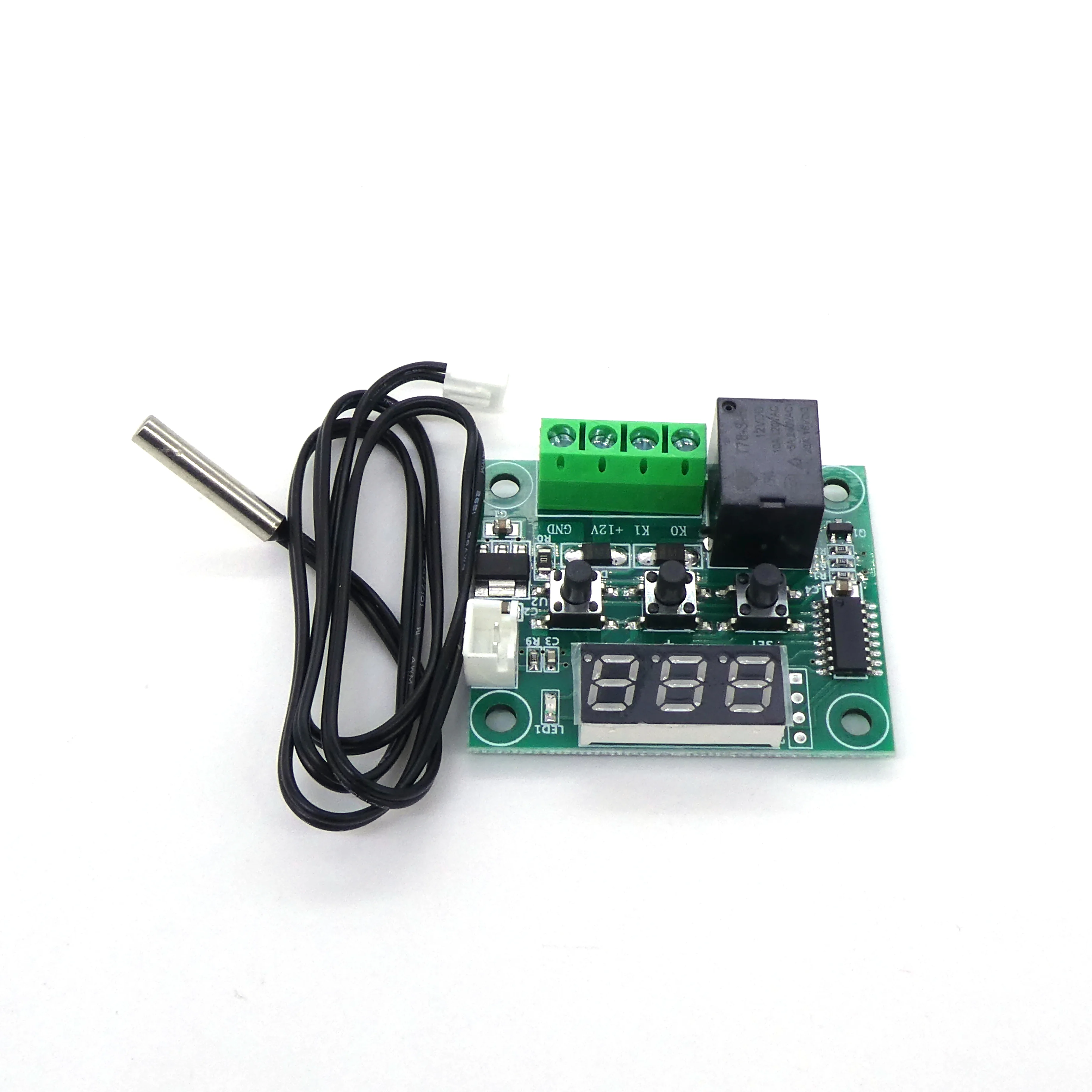 Терморегулятор цифровой W1209 - Электропитание: DC=12V; Диапазон температур: -50 ... +110 С; Точность контроля: 0,1С; Измерительный вход: NTC10K; Частота обновления: 0,5 секунды; Тип выхода: релейный выход 5A; Водонепроницаемый датчик на проводе 0,5м