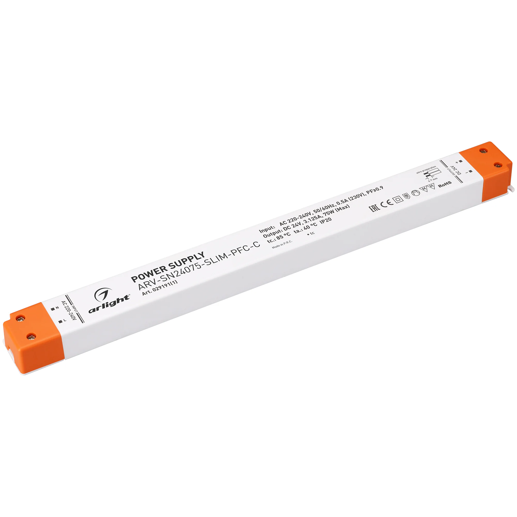 Блок питания ARV-SN24075-SLIM-PFC-C (24V, 3.12A, 75W) 029191(1) - Источник напряжения с гальванической развязкой для светодиодных изделий. Входное напряжение 220-240 VAC. Выходные параметры: 24 В, 3.12 А, 75 Вт. Встроенный PFC >0.9. Негерметичный пластико