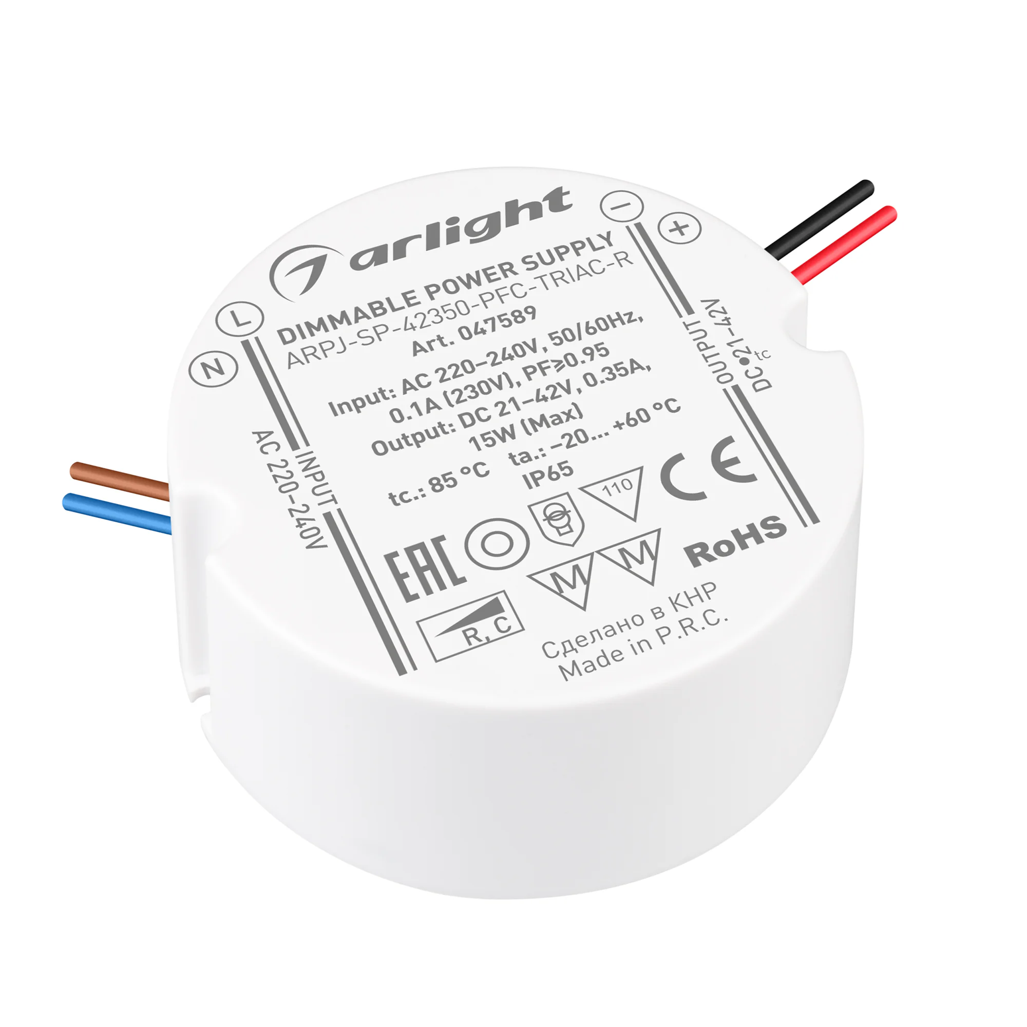 Блок питания ARPJ-SP-42350-PFC-TRIAC-R (15W, 21-42V, 350mA) 047589 - Диммируемый источник тока по стандарту TRIAC с гальванической развязкой для светильников и мощных светодиодов. Входное напряжение 220-240 VAC. Выходные параметры: 21-42 В, 350 mА, 15 Вт.