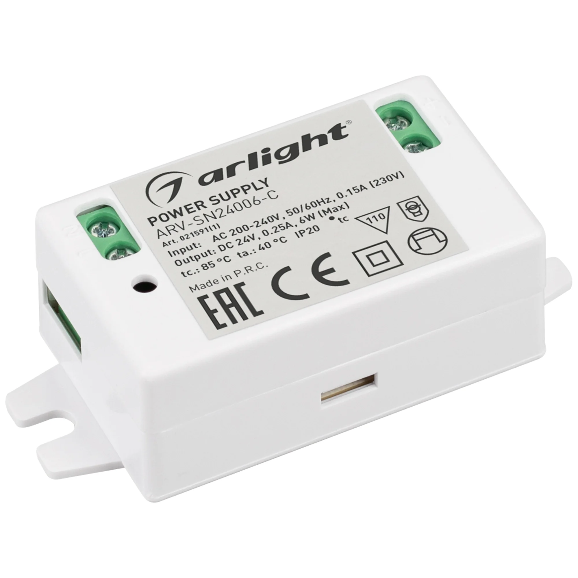 Блок питания ARV-SN24006-C (24V, 0.25A, 6W) 021591(1) - Источник напряжения с гальванической развязкой для светодиодных изделий. Входное напряжение 200-240 VAC. Выходные параметры: 24 В, 0.25 А, 6 Вт. Встроенный PFC >0.5. Негерметичный пластиковый корпус 